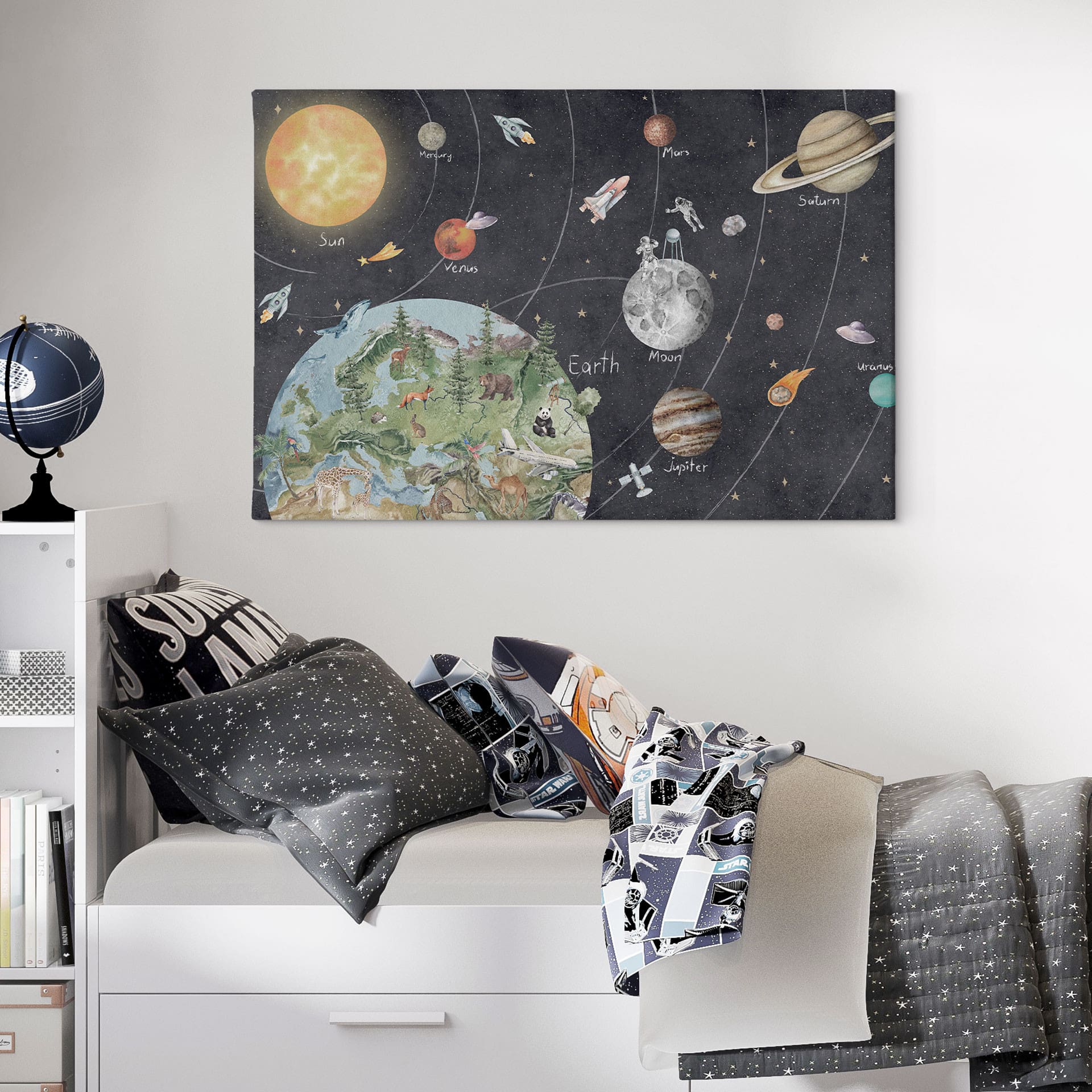 Canvas schilderij zonnestelsel met planeten en aarde - Ms Tiff