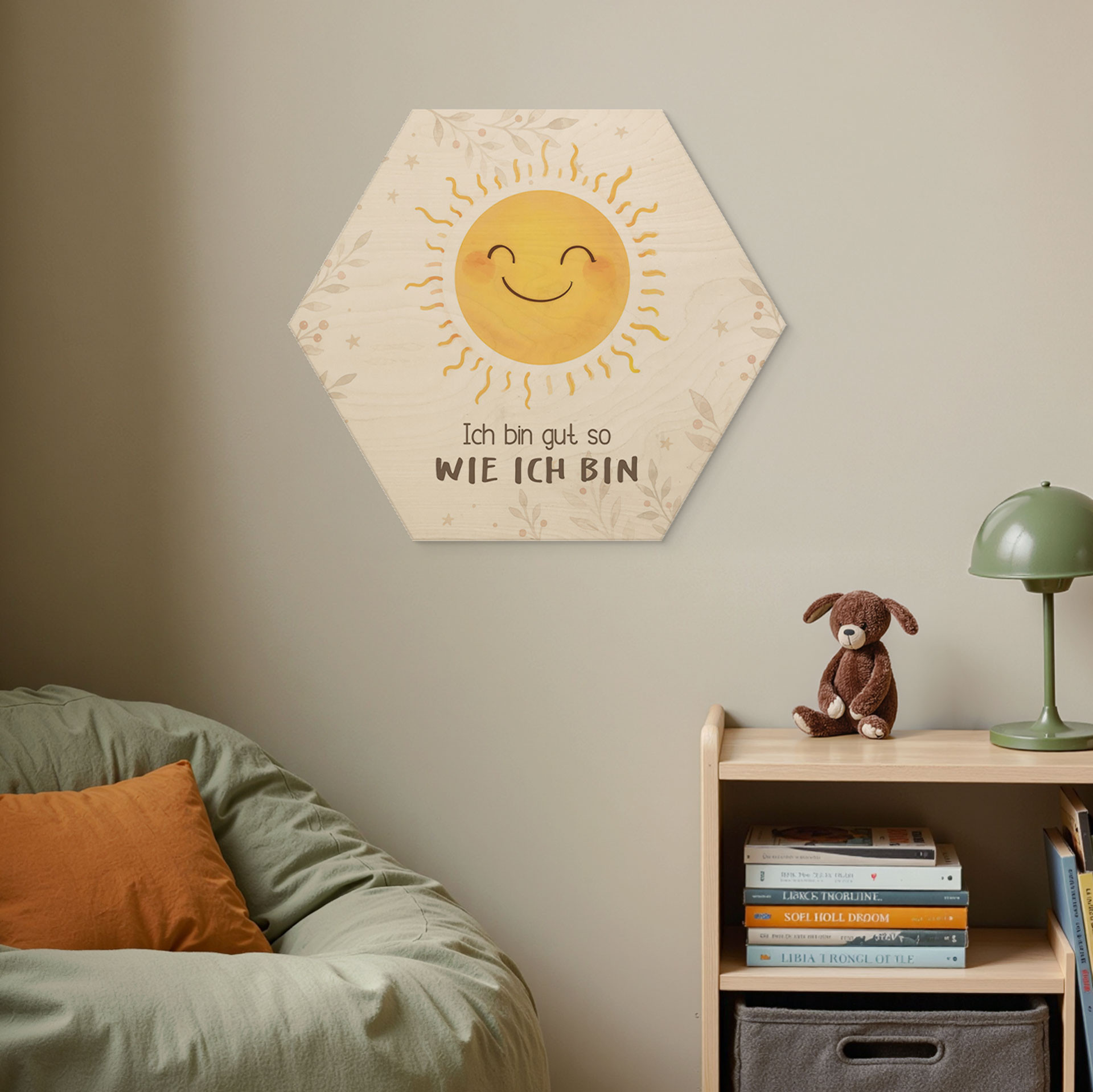 Holzbild Hexagon mit Sonne - Kraftsatz 'Ich bin gut so wie ich bin'