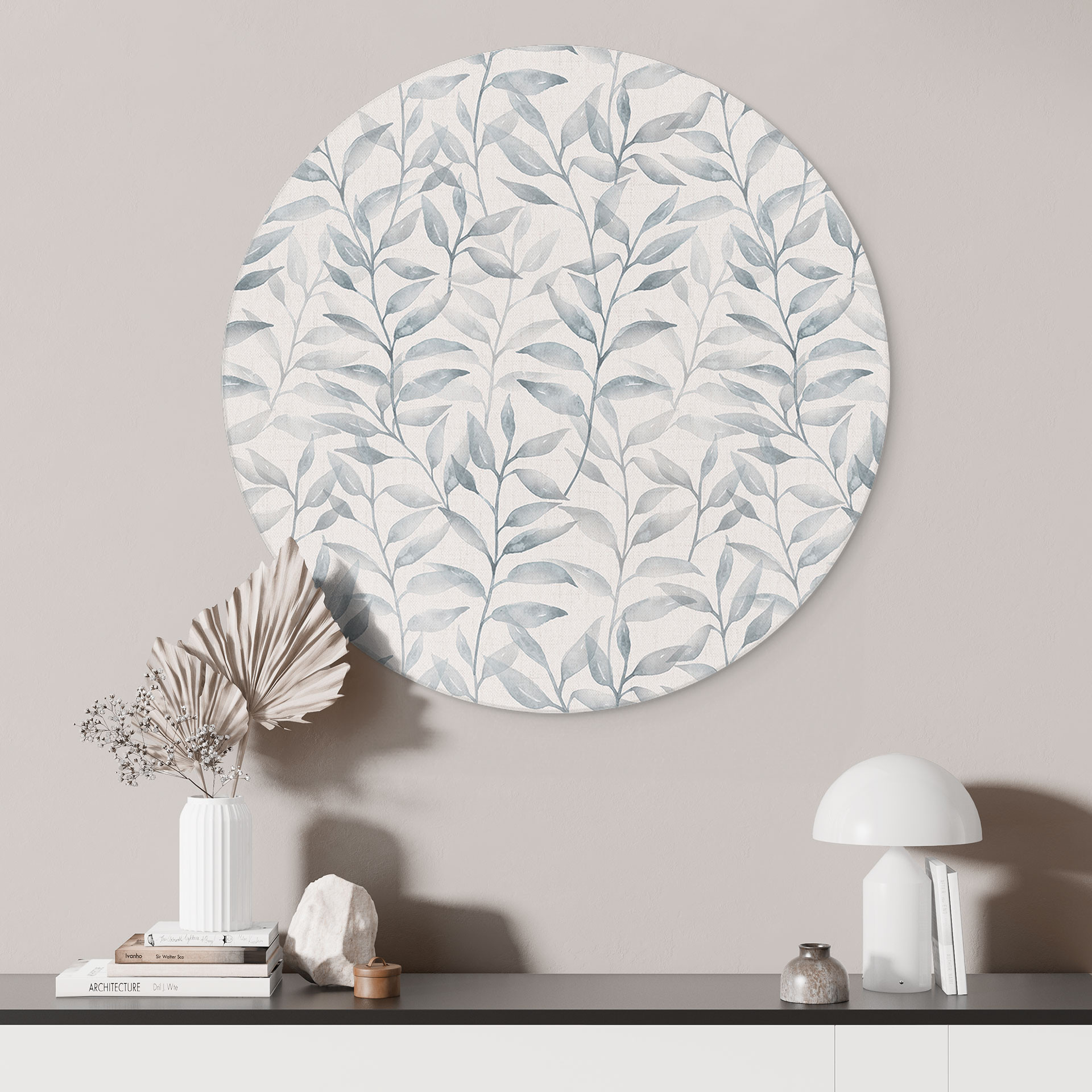 Billede Sarte akvarelblade - Blød grå - Blomsterdekor - Rund – print på aluminium
