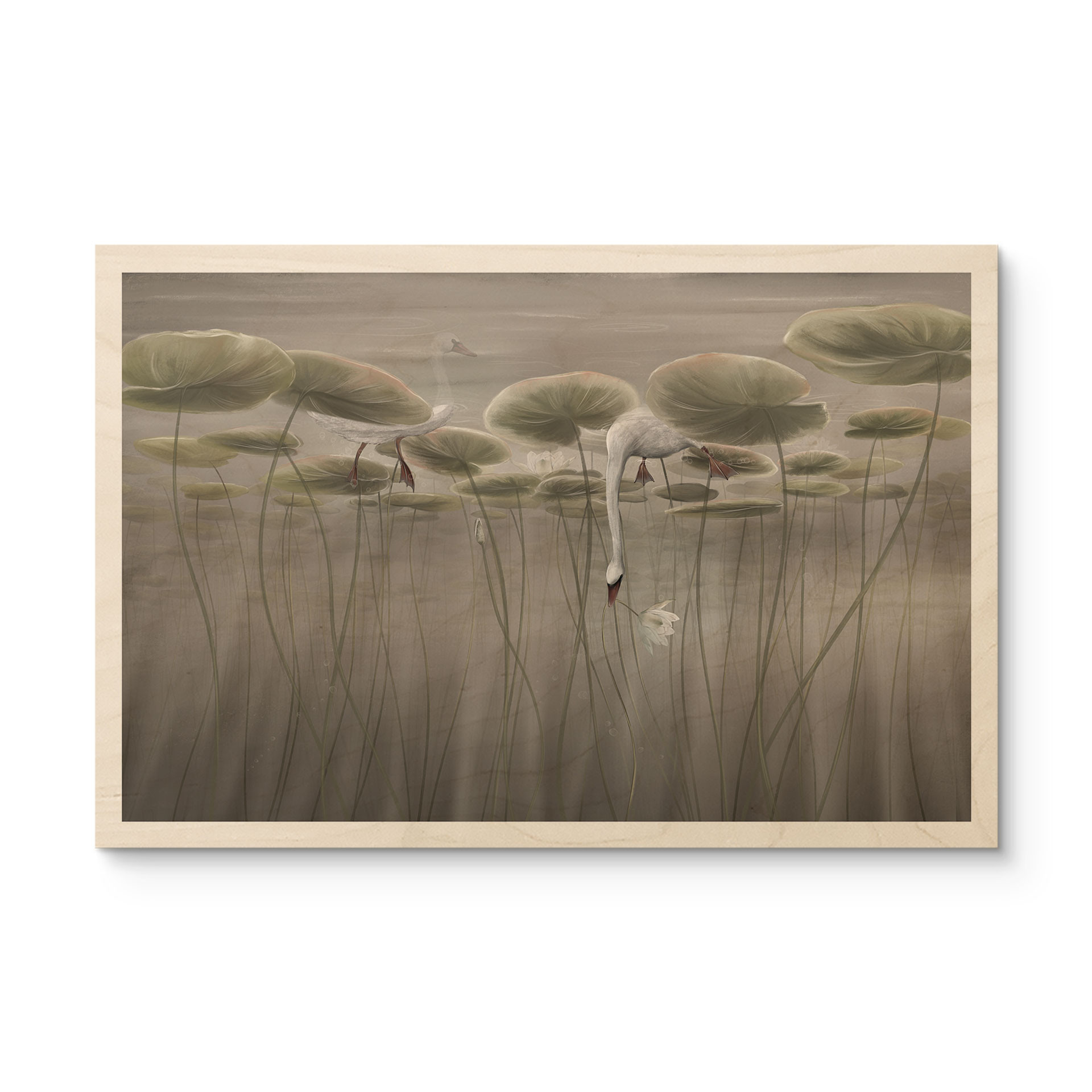 Houten Wanddecoratie lotusbloemen met zwaan in het water in grijs - Ms Tiff