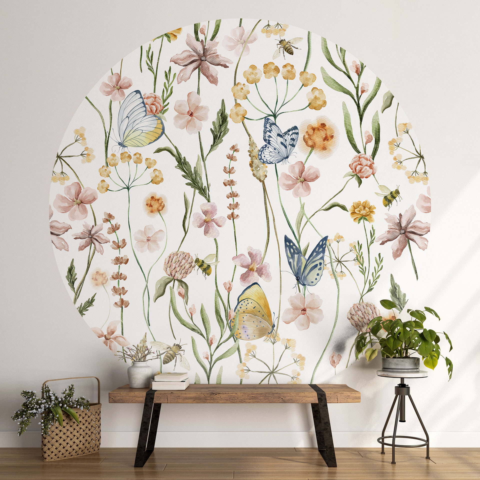 Behangcirkel Lenteweide met vlinders - UN Designs - vliesbehang/zelfklevend vliesbehang