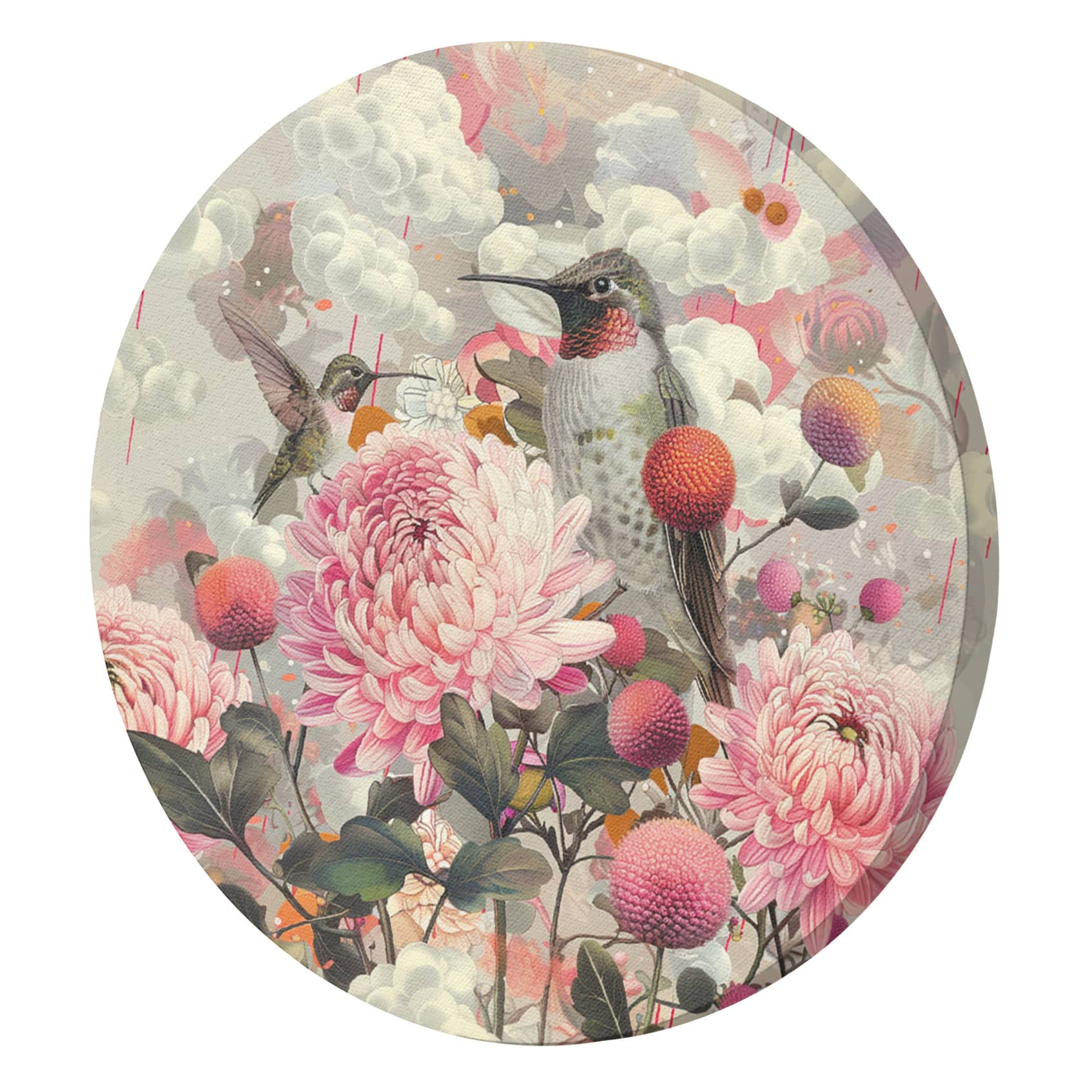 Rundes Leinwandbild Blumen mit Kolibris