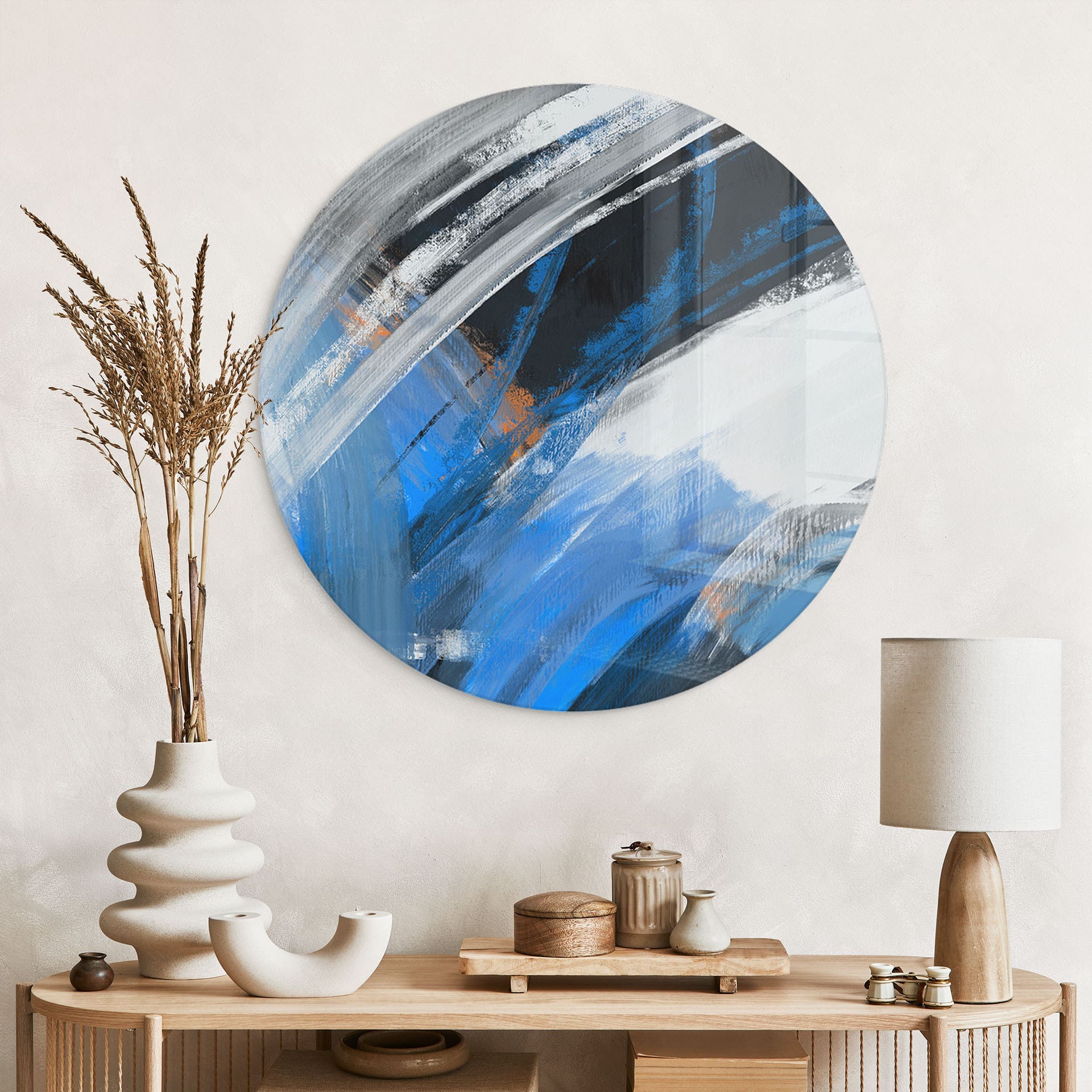Glasbild Blaue Pinselstriche abstrakt - Cheney - Rund