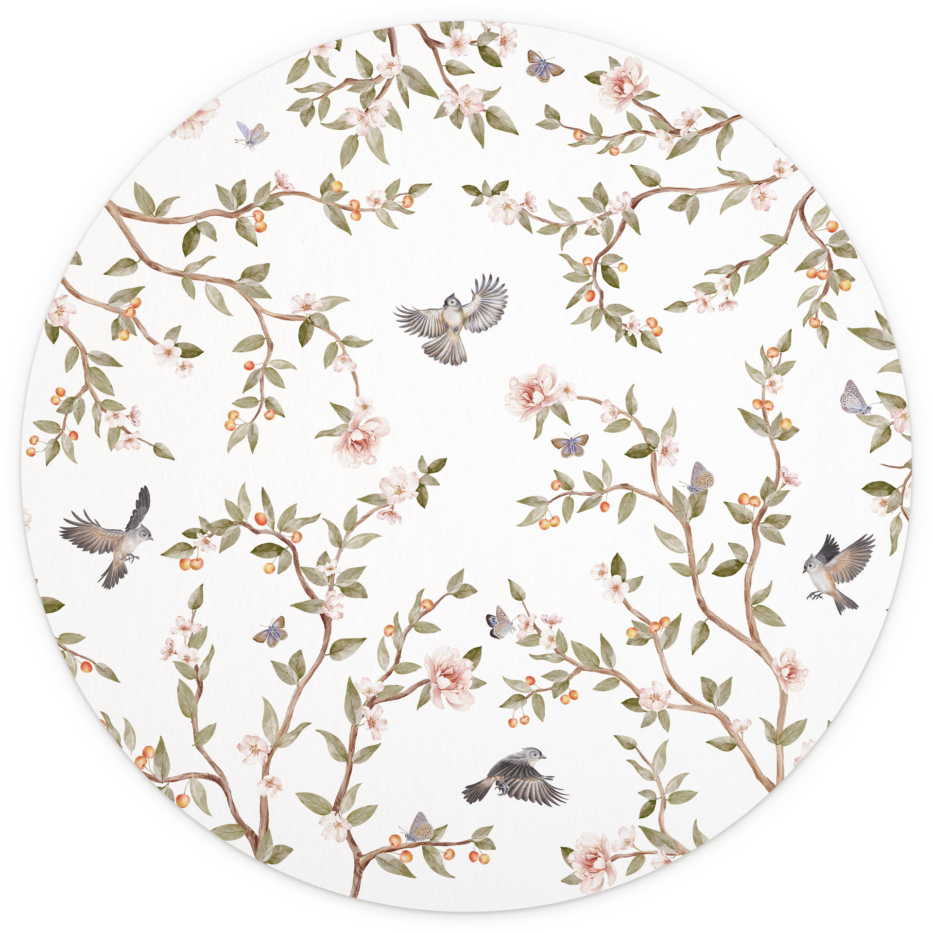 Behangcirkel Rozenstruik met vogels - Kikki Belle - vliesbehang/zelfklevend vliesbehang