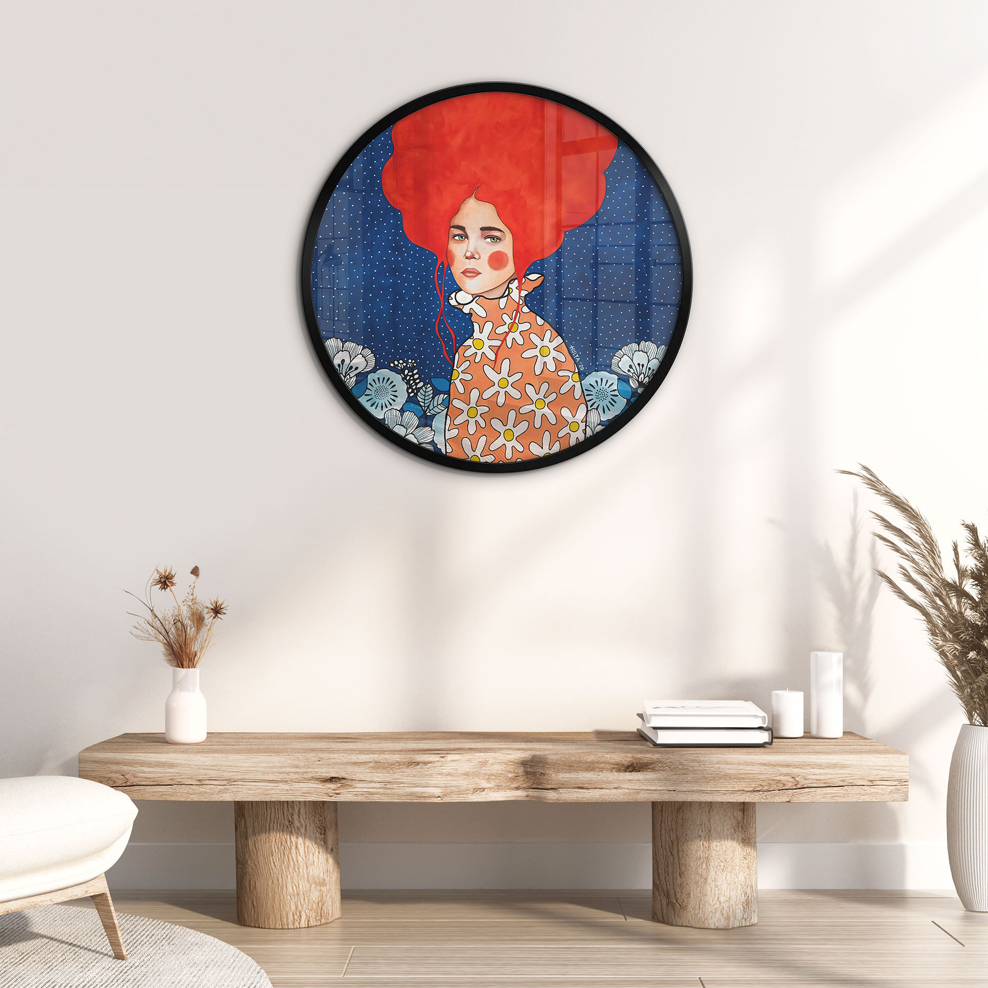 Poster Femme aux cheveux roux et aux fleurs - Hülya - Rond