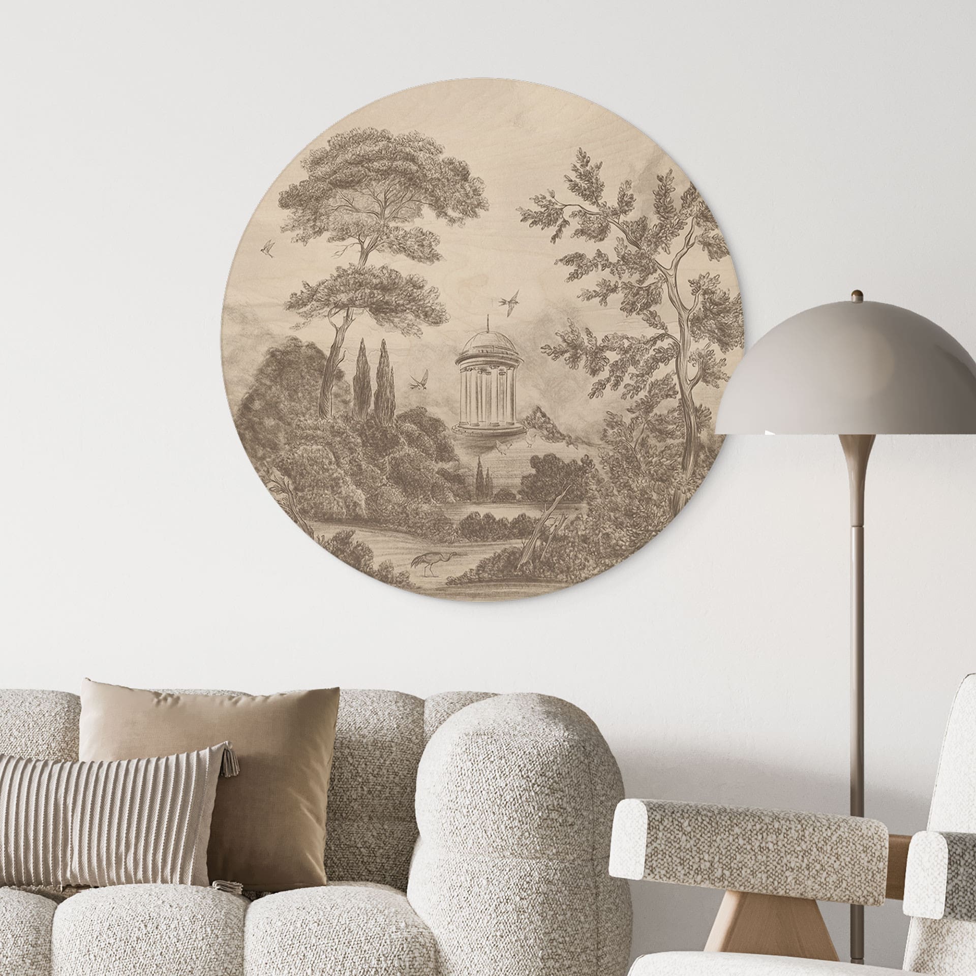 Houten Wanddecoratie met tuinlandschap in beige - Ms Tiff - Rond