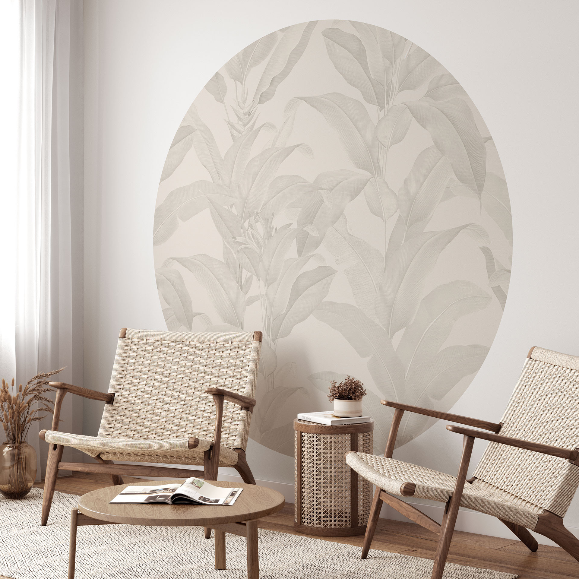 Fotobehang Tropische Bladeren Cream - Bloemdecor - Rond - Zelfklevend/niet-geweven