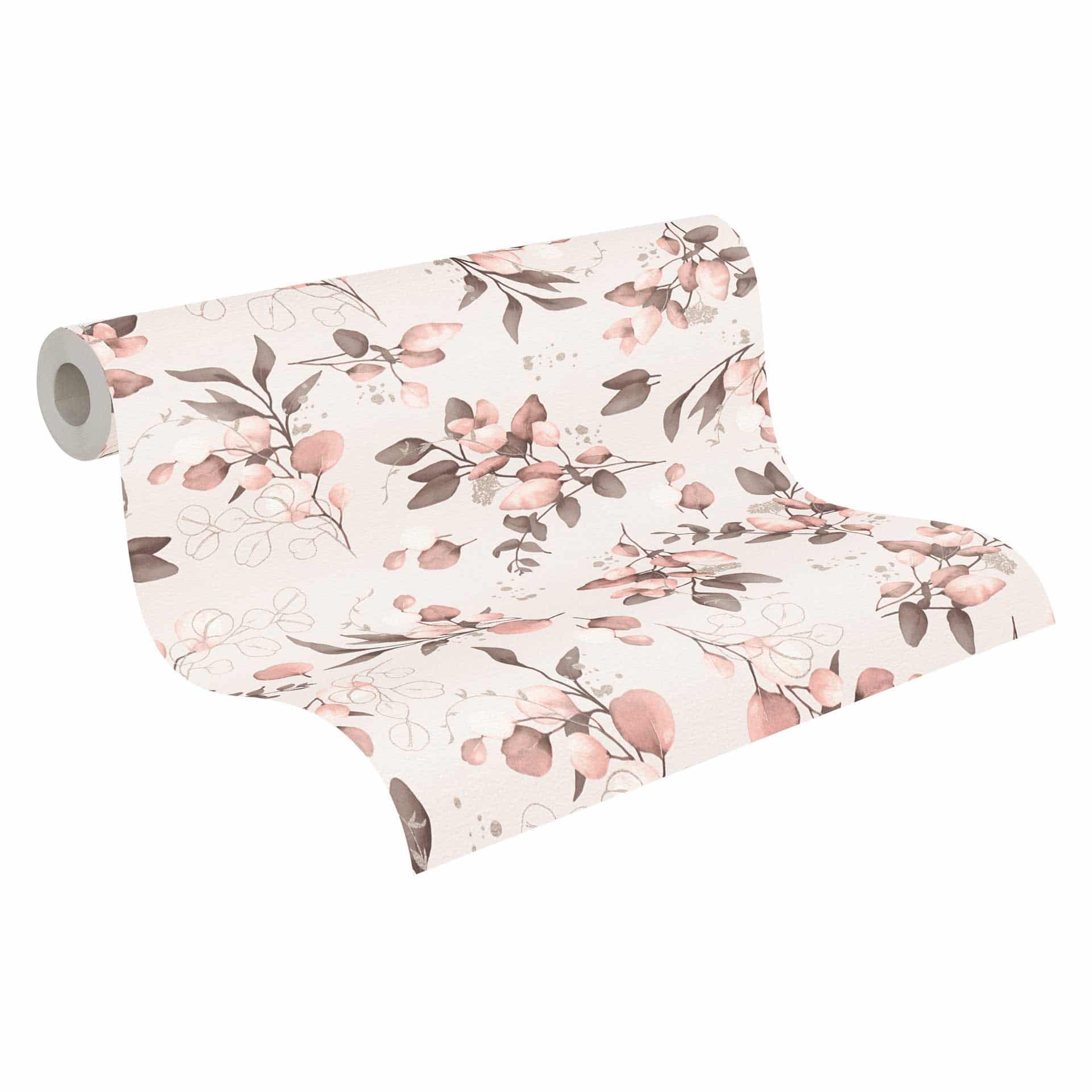 Bloemen aquarel behang roze grijs - Vliesbehang met bladeren en takjes