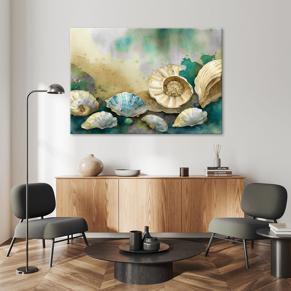 Canvasbillede, havskaller turkis akryl