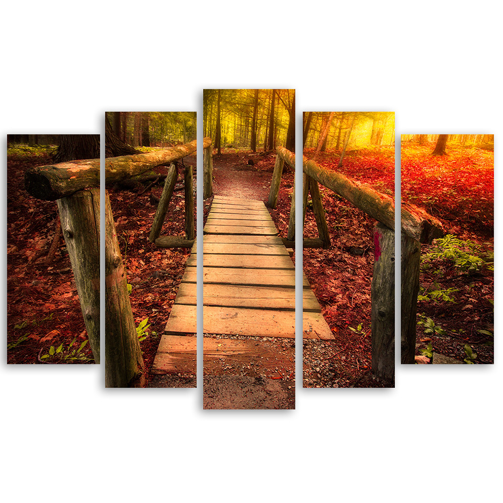 5 stykke lærred Print Autumn Forest Leaves Bridge