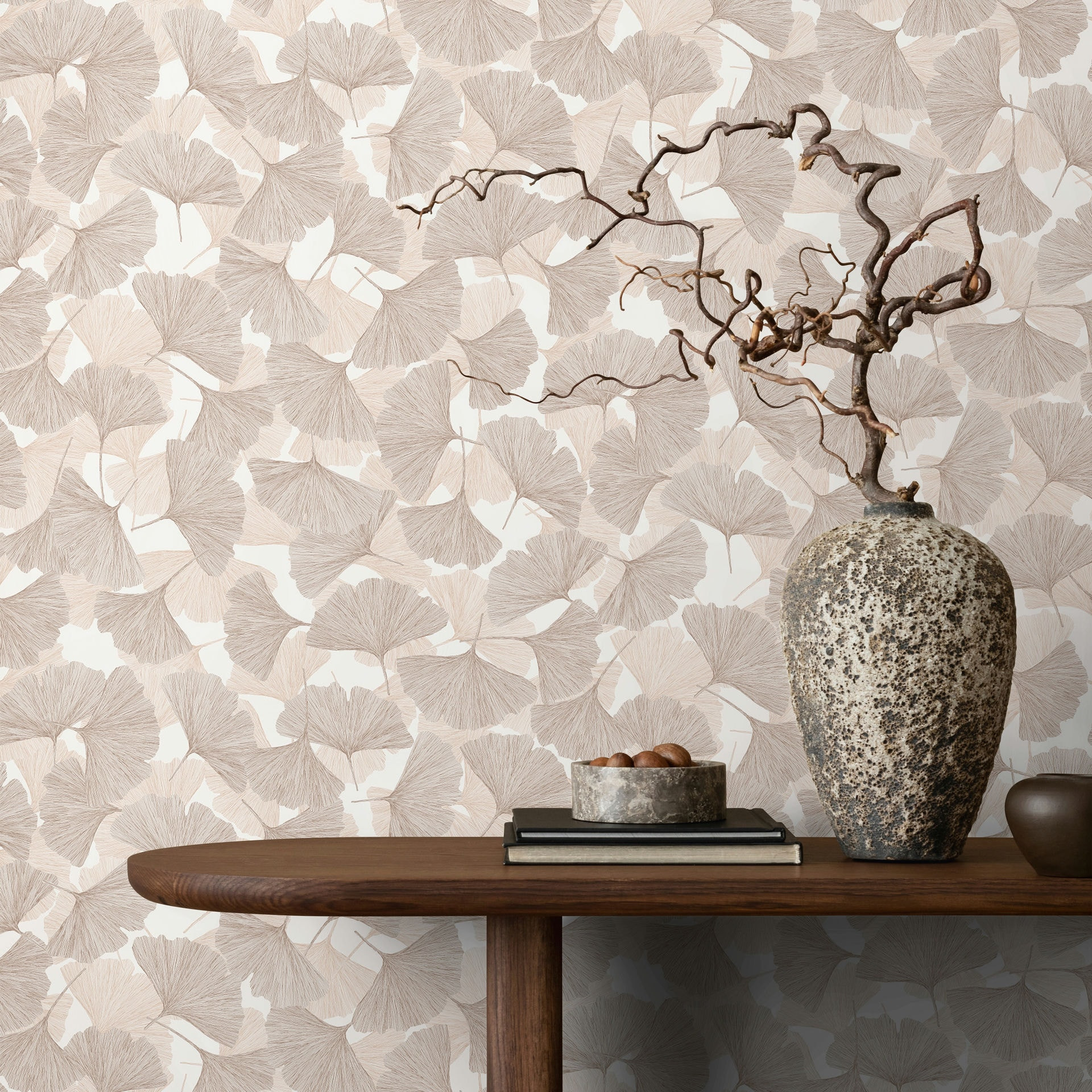 Vliesbehang 3D, bladeren bloem natuur mat in beige bruin