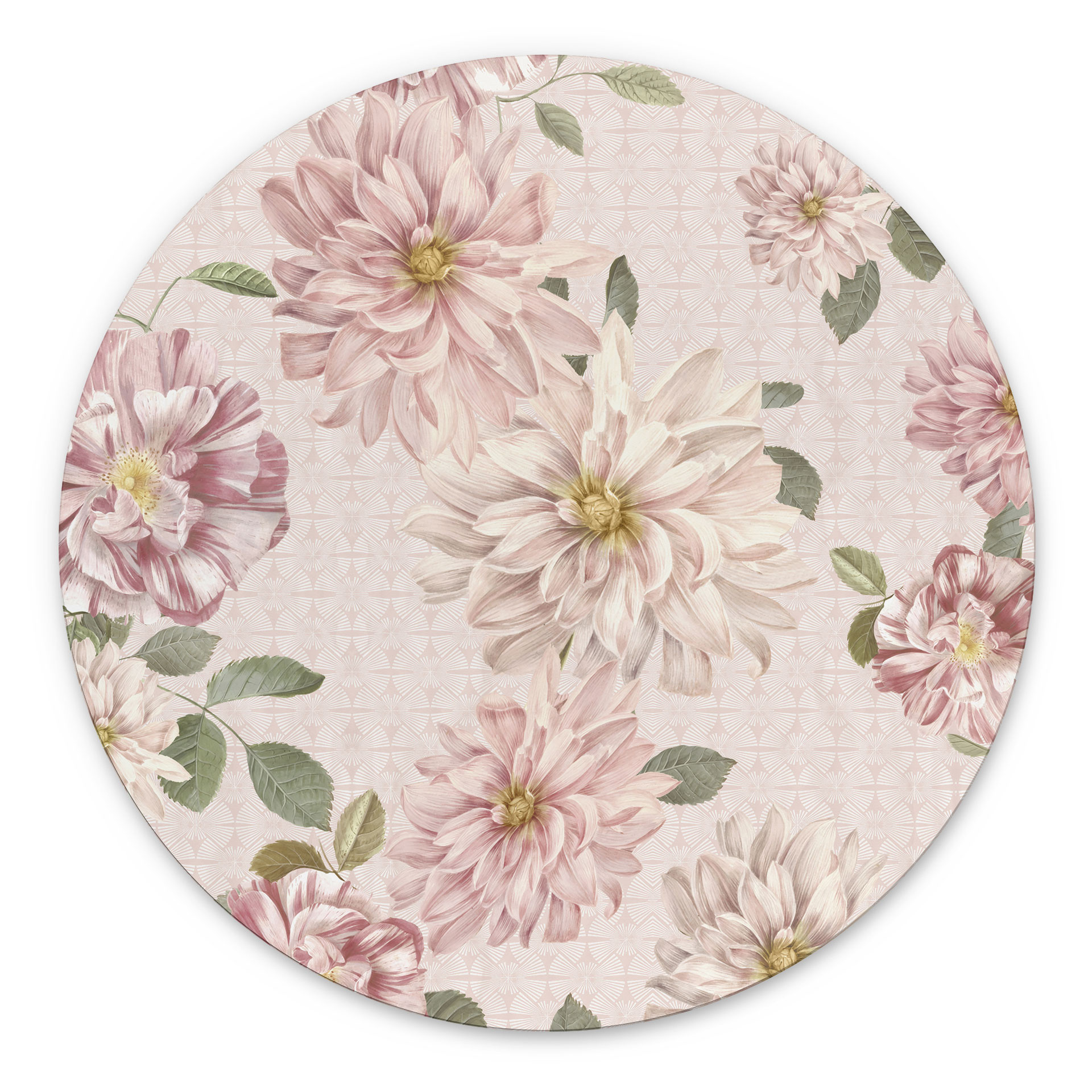 Billede af Dahliaer Shabby Chic Pink - Bloomery Decor - rund – print på aluminium (Alu-Dibond)
