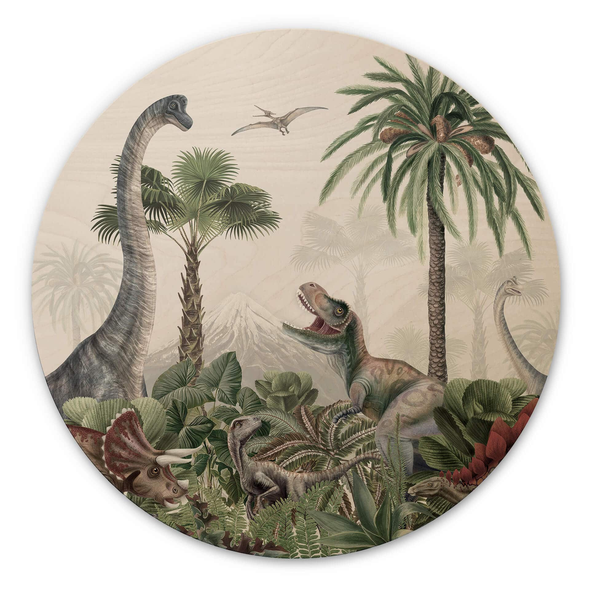 Obraz drewniany Kikki Belle - Przygoda dinozaurów - Okrągły