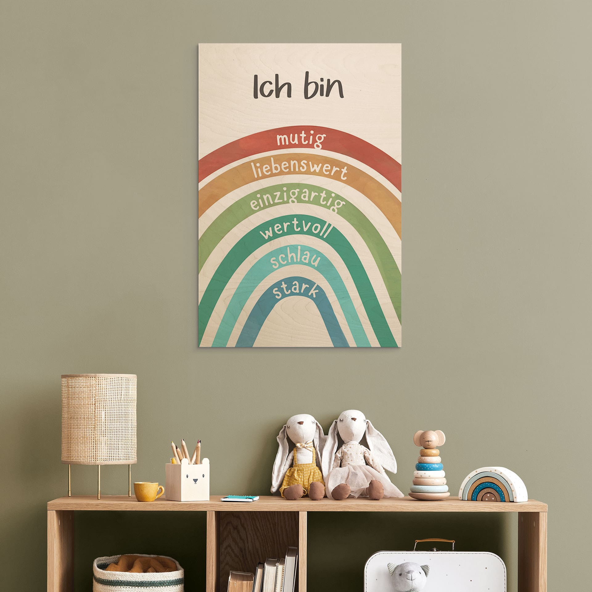 Holzbild mit Regenbogen - kindgerechte Affirmationen