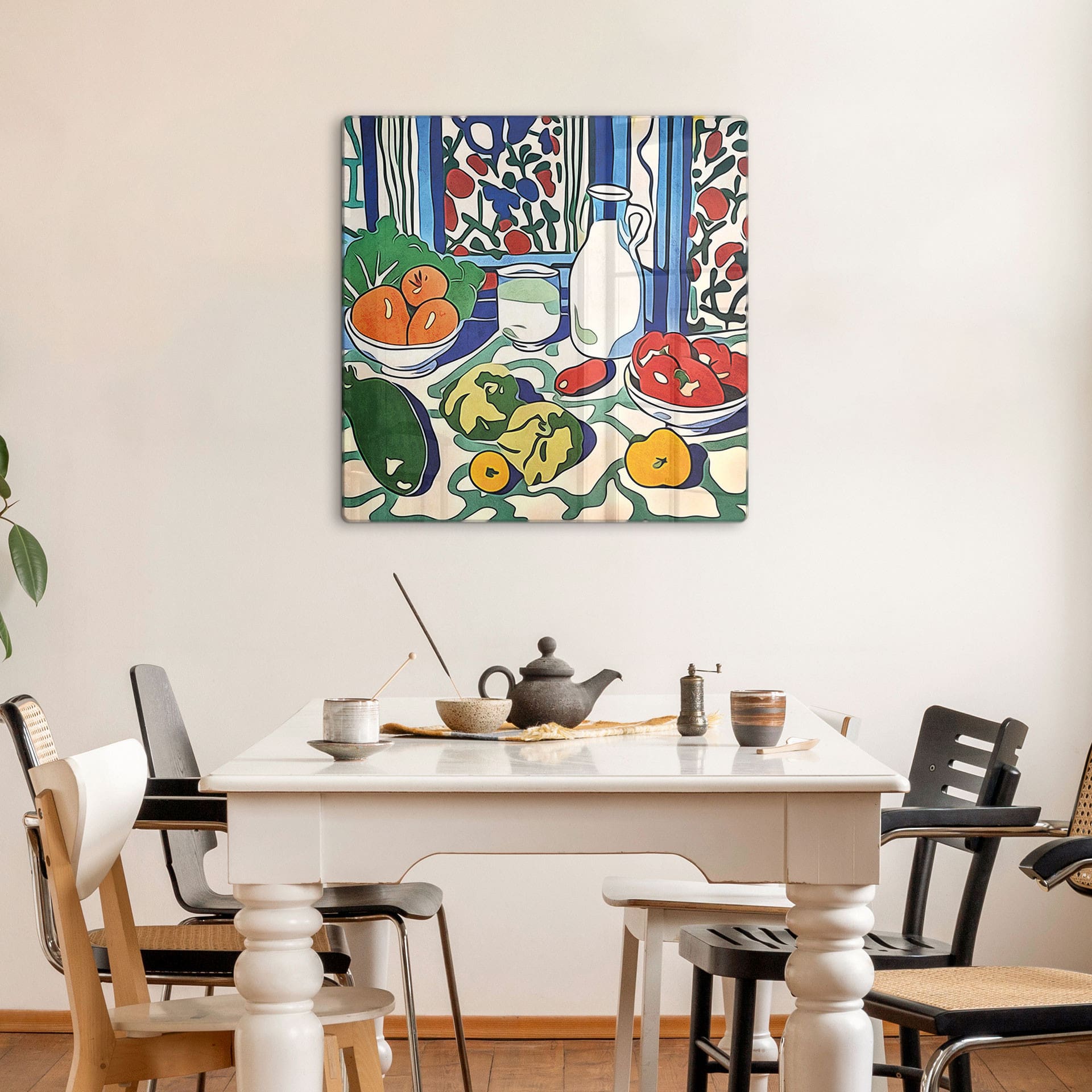 Glasbillede - Frugt og grøntsager på køkkenbordet - Inspireret af Matisse - Zamart