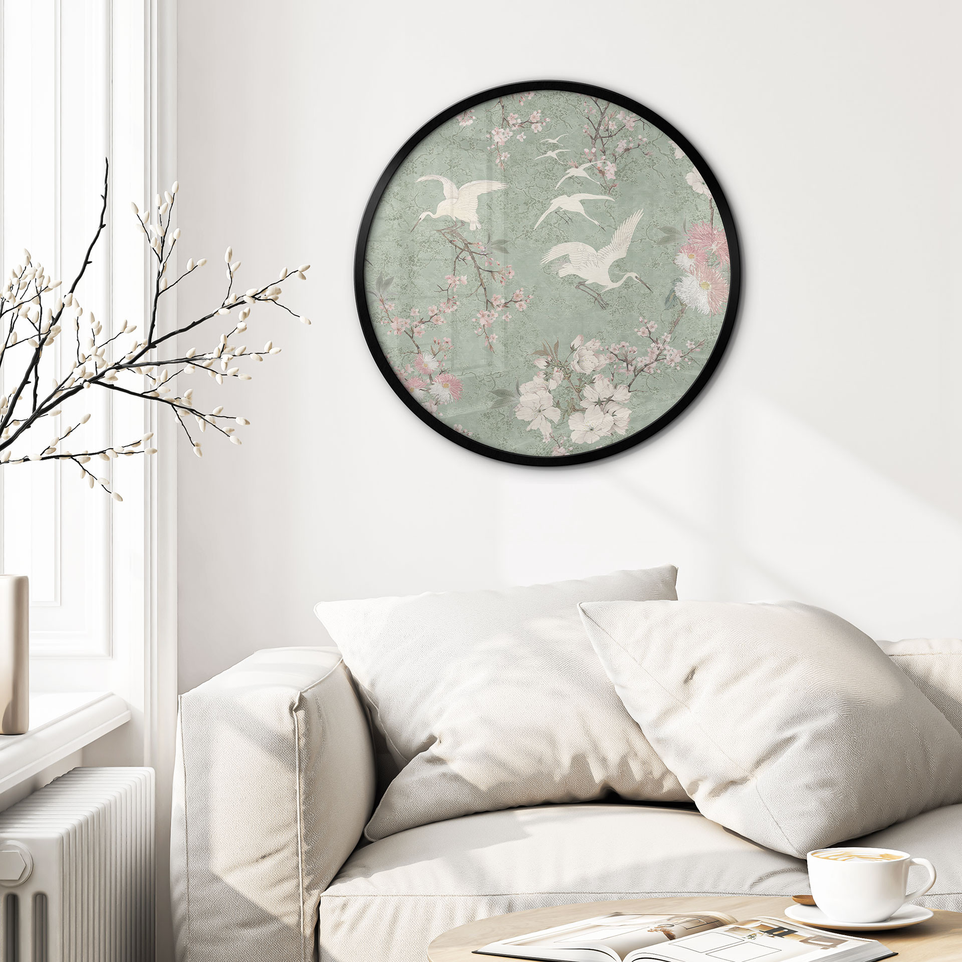 Poster Grues dans la ruée vers les cerisiers en fleurs Vert - Décorations Bloomery - Rond