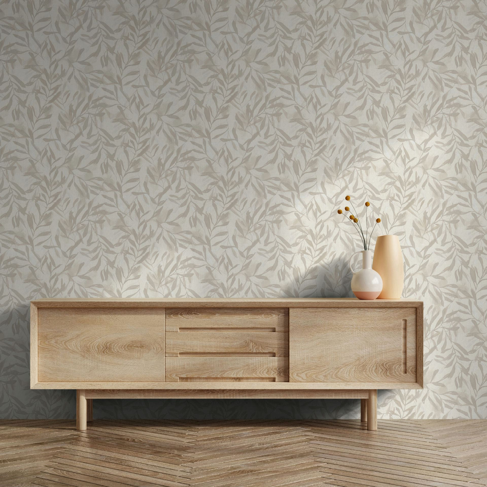 Vliesbehang in beige bladeren look vintage bloemen natuur