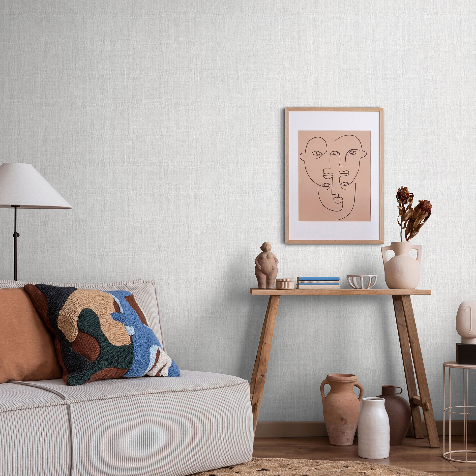 Vliesbehang effen greige lichtgrijs in linnenlook discreet modern voor rustige woonkamers