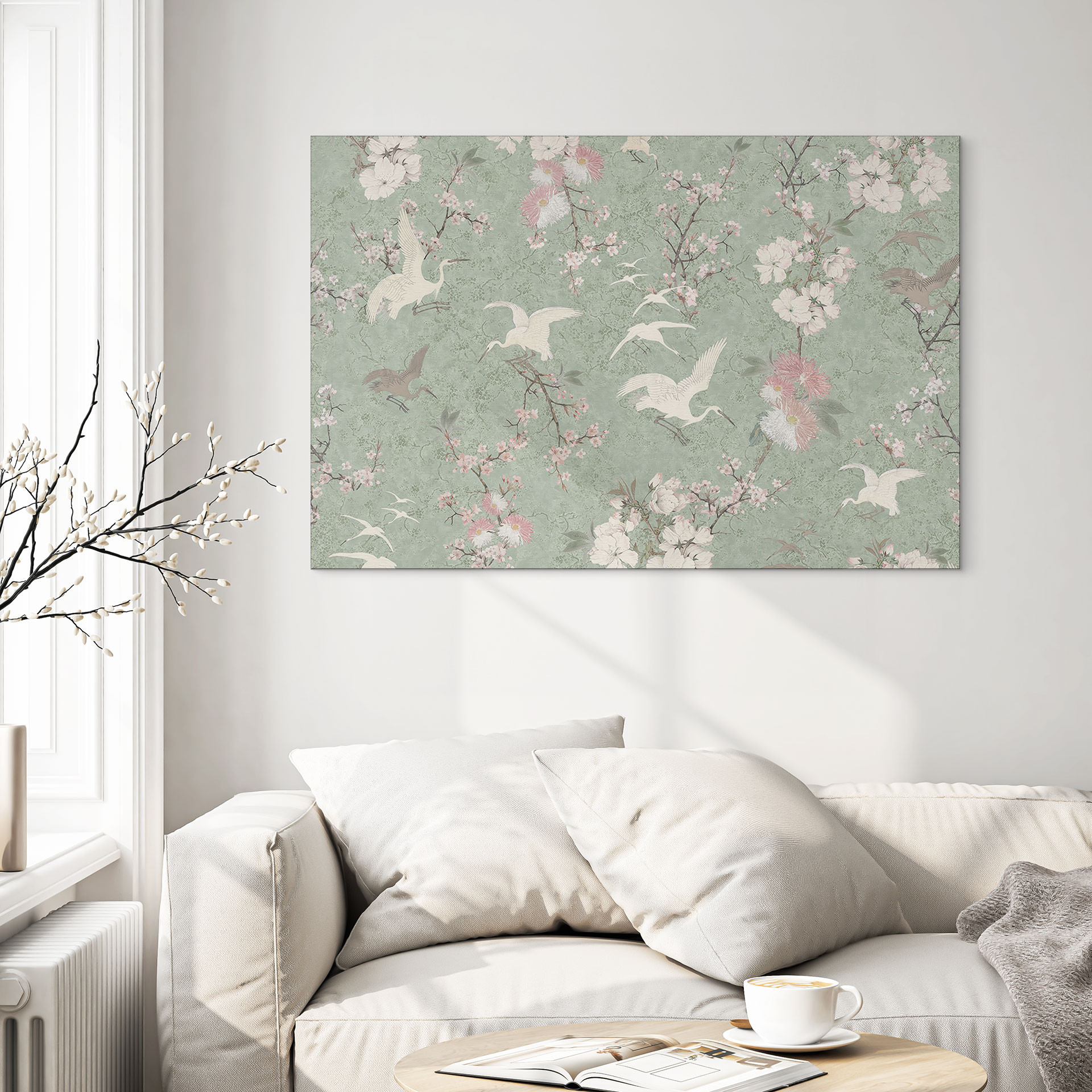 Billede Kraner i kirsebærblomstens berusende grønne farve - Bloomery Decor – print på aluminium