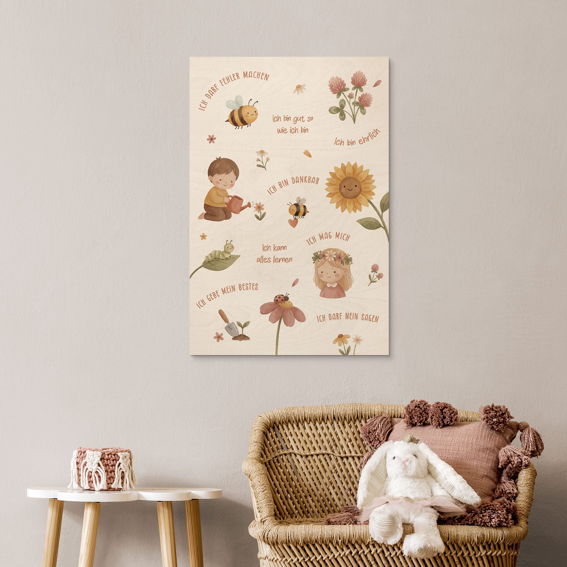 Holzbild mit Affirmationen Blumen - kindgerechte Mutmachsprüche