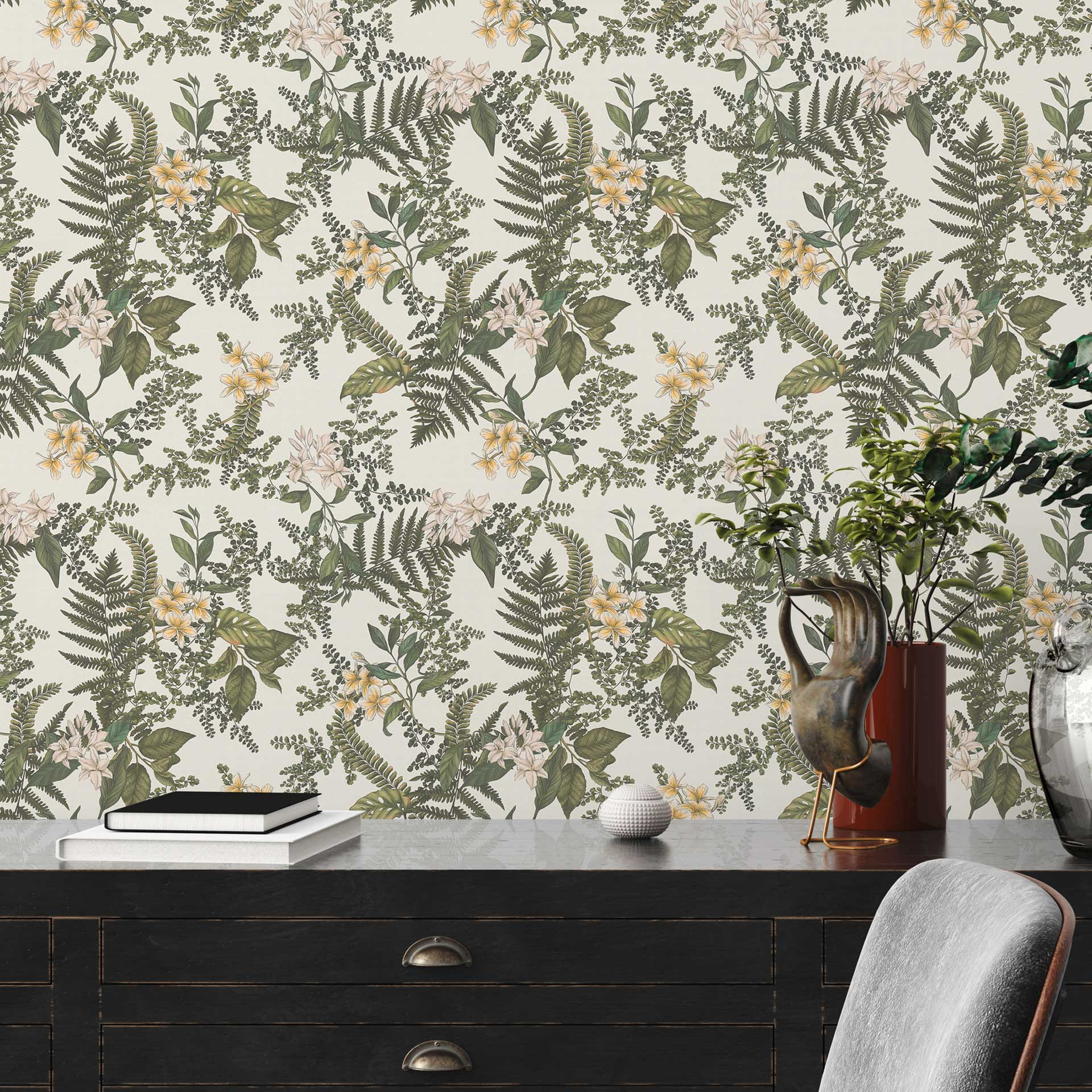 planten behang met bloesems wit groen - vliesbehang met bloemmotieven
