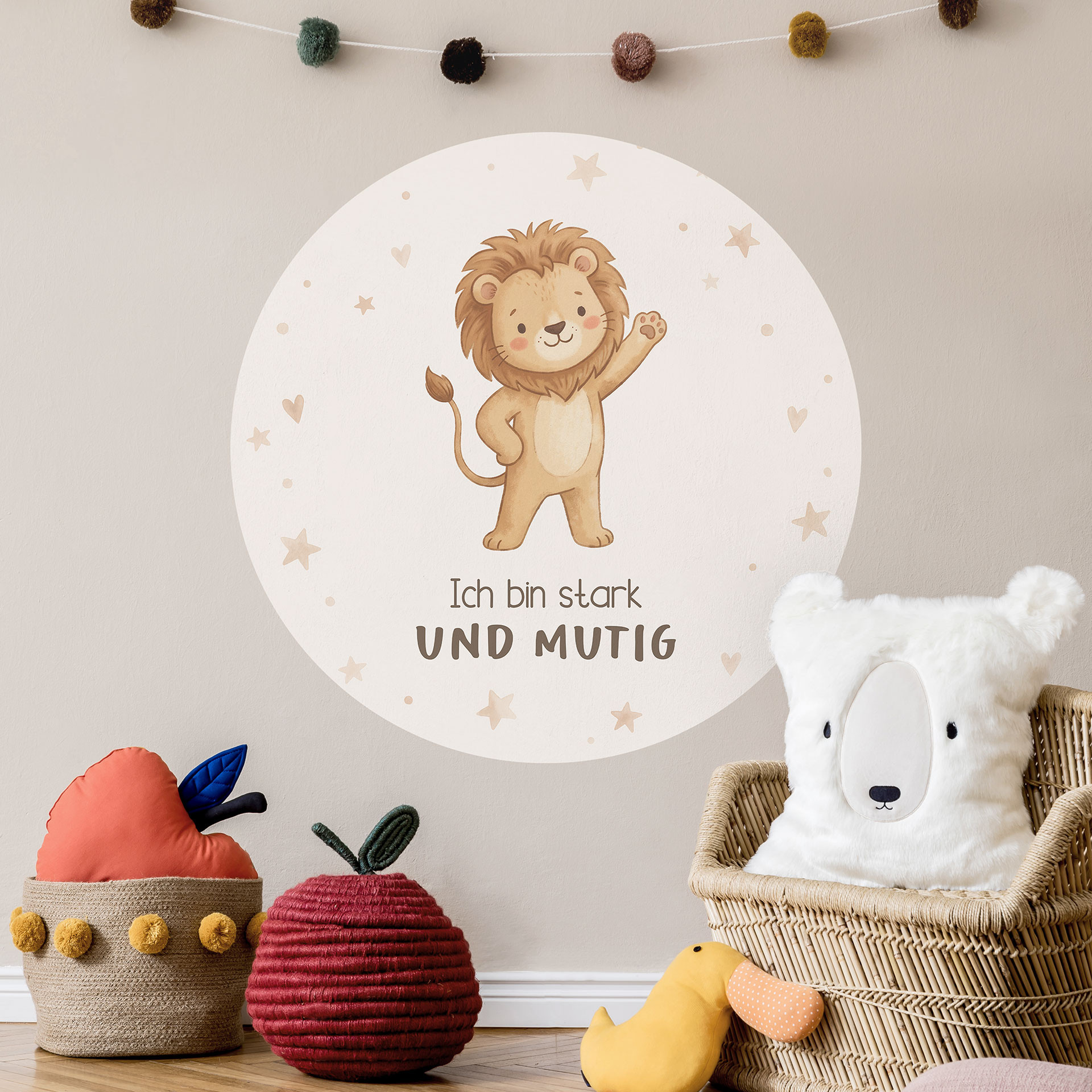 Rundes Wandtattoo mit Löwe - Kraftsatz 'Ich bin stark und mutig' fürs Kinderzimmer