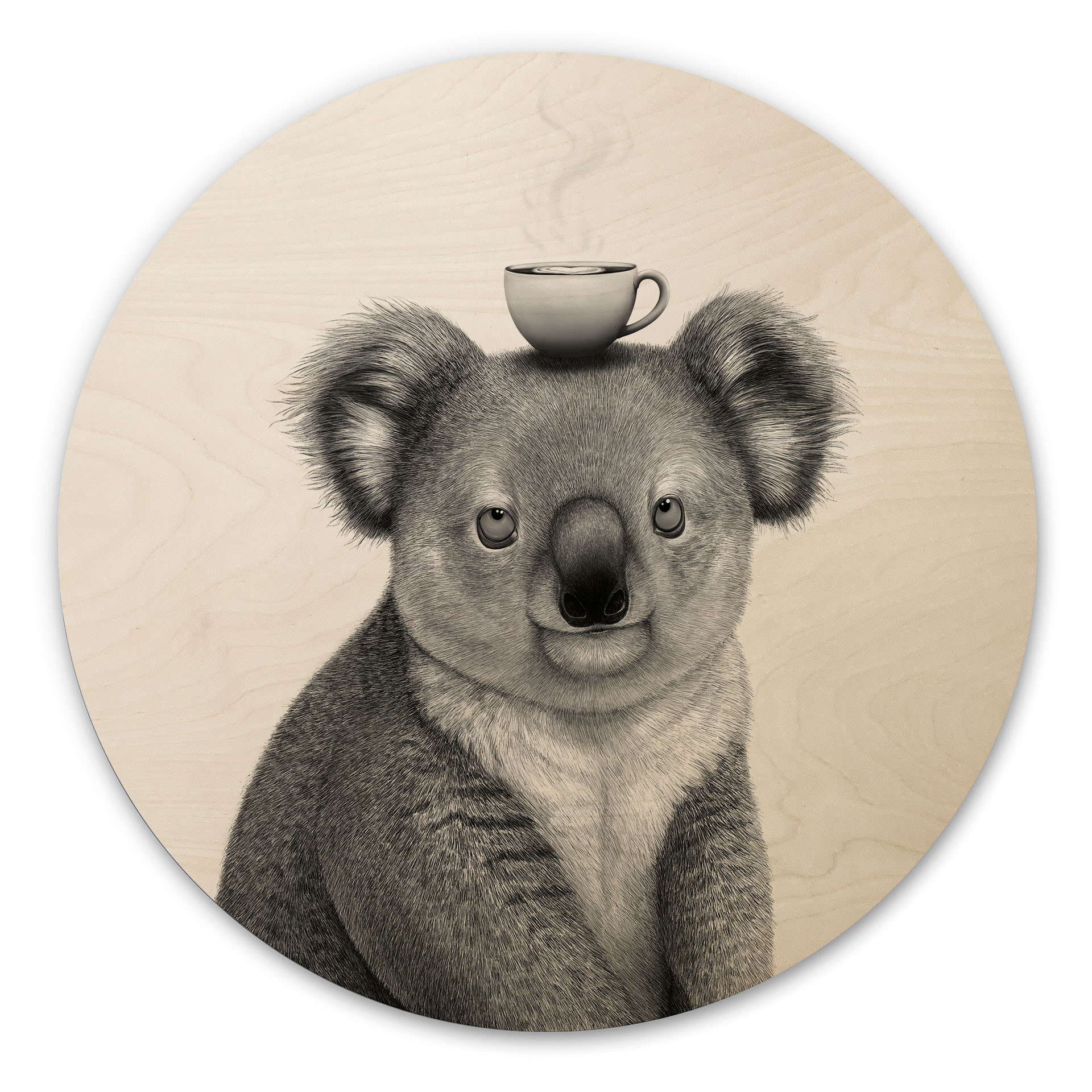 Okrągły drewniany obraz Koala z kawą - Korenkova