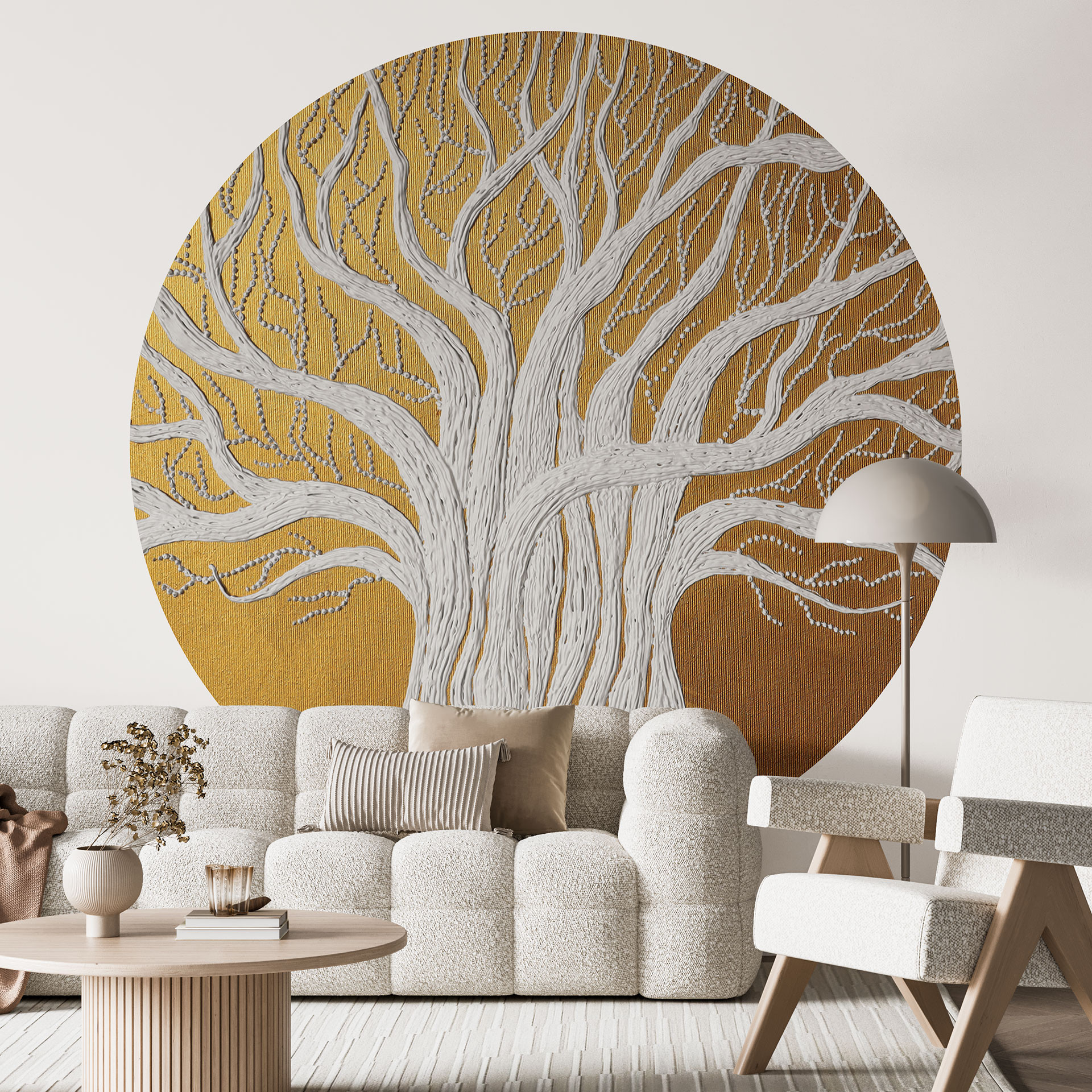 Witte abstracte levensboom | Goud en witte boomkunst - Grande - Rond - vliesbehang/zelfklevend vlies