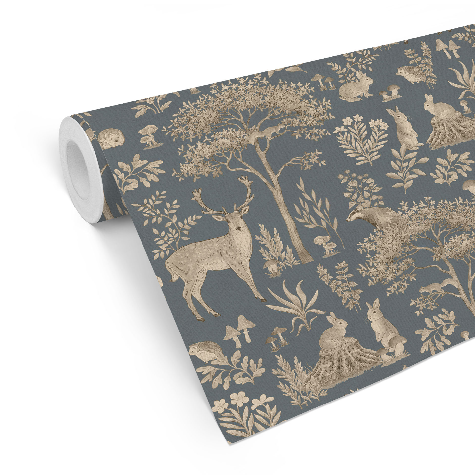 Patroonbehang betoverend bos met dieren - vintage blauw - Kikki Belle