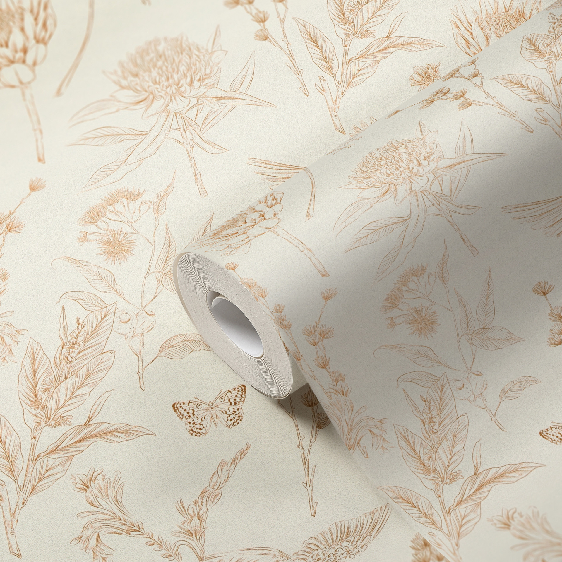 vliesbehang met bloemen en vogels wit bruin - behang bloemmotieven in karakterstijl