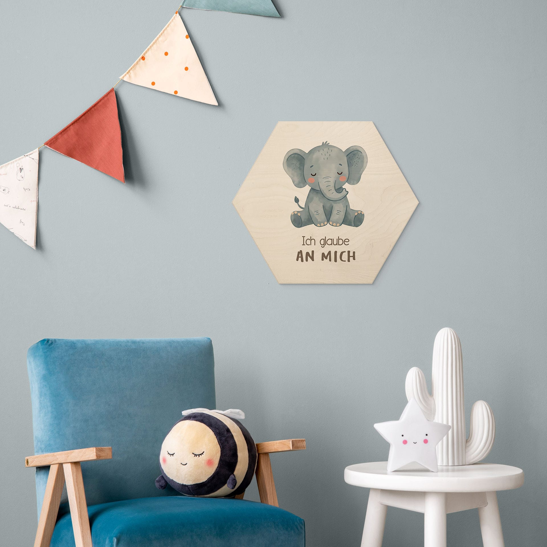 Holzbild Hexagon mit Elefant - Bestärkung 'Ich glaube an mich'