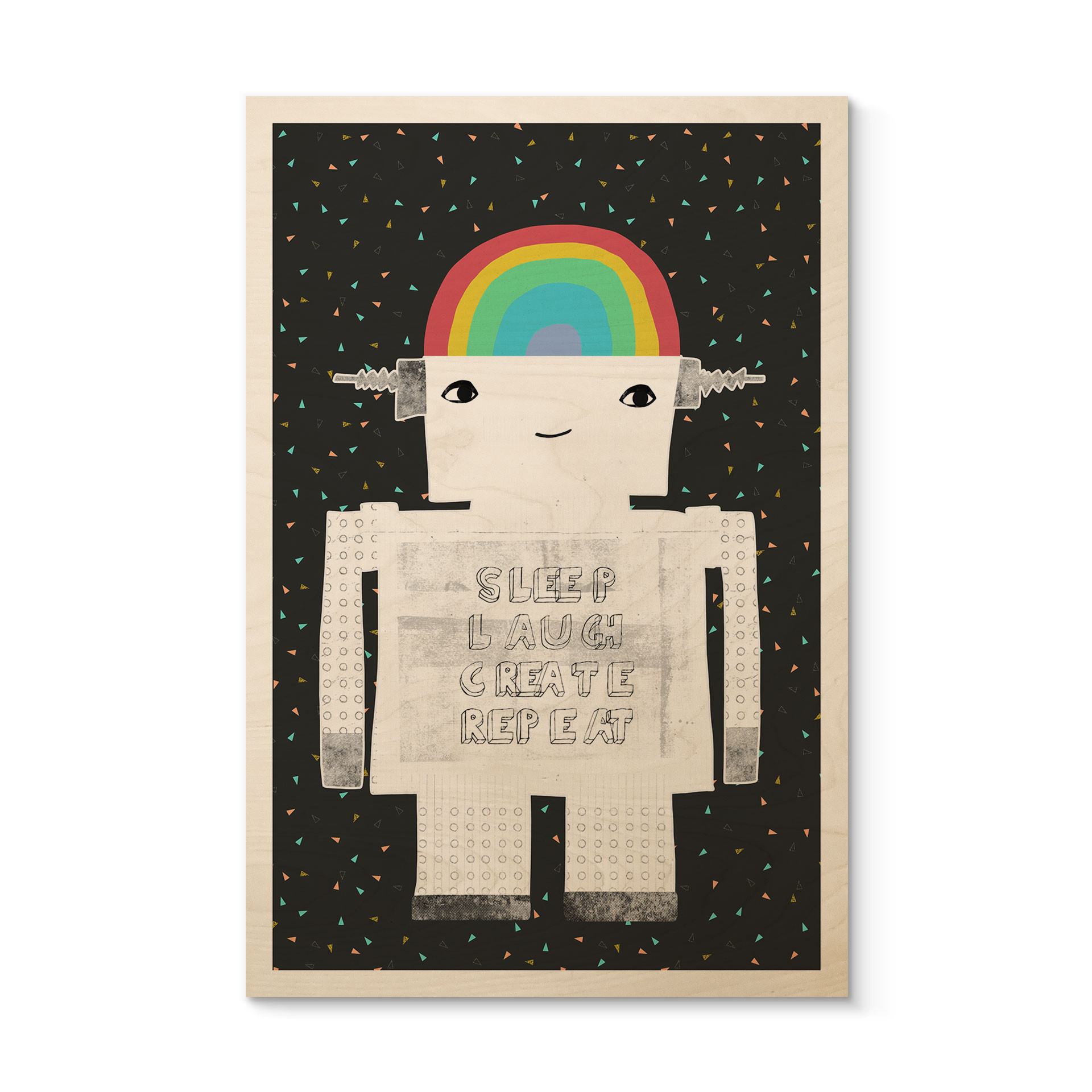 Obraz drewniany tęczowy robot Sleep Laugh Create - Treechild