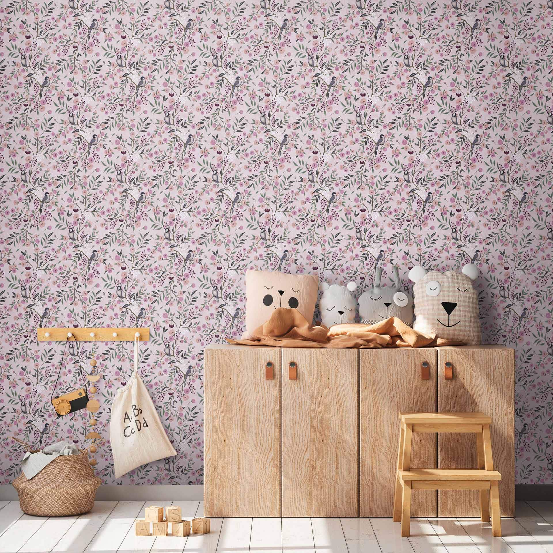 Patroonbehang roze paars - vogels en bloemen