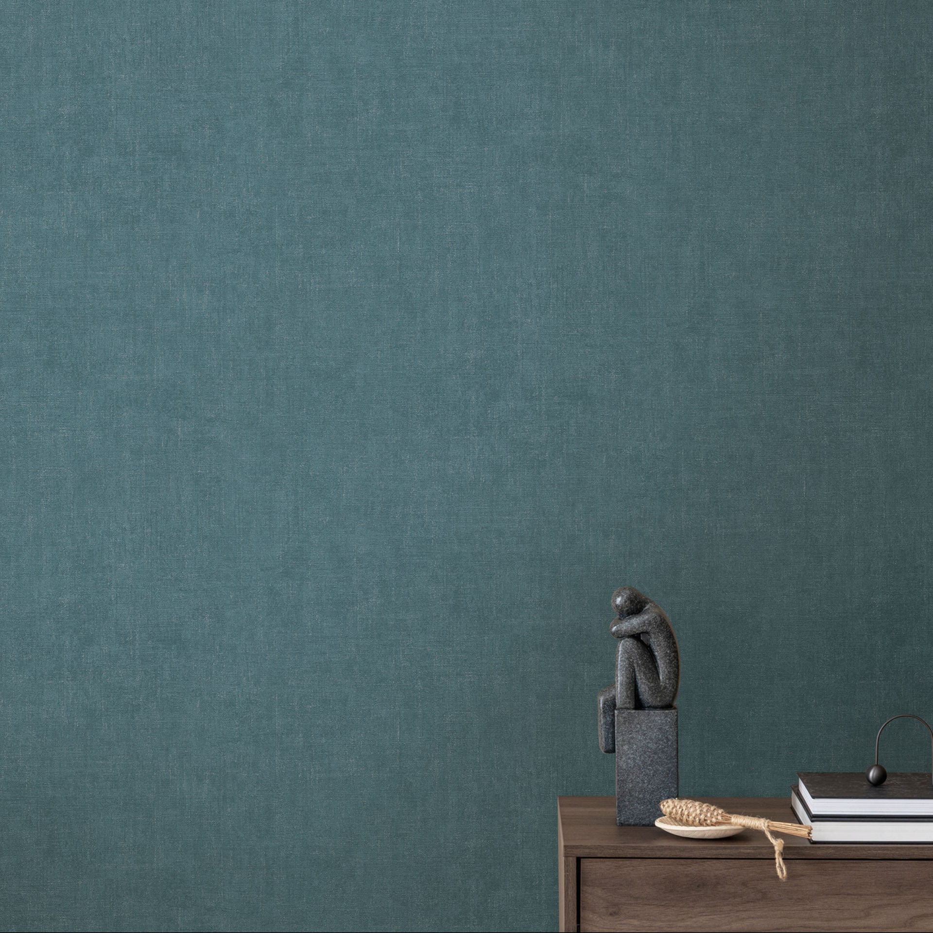 Structuurbehang textiel look petrol blauw - modern Vliesbehang discreet