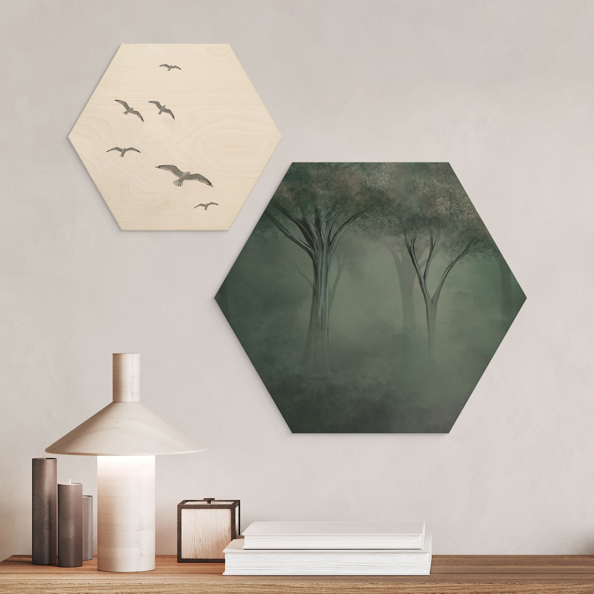 Houten Wanddecoratie bos magie in de ochtendnevel groen - Ms Tiff