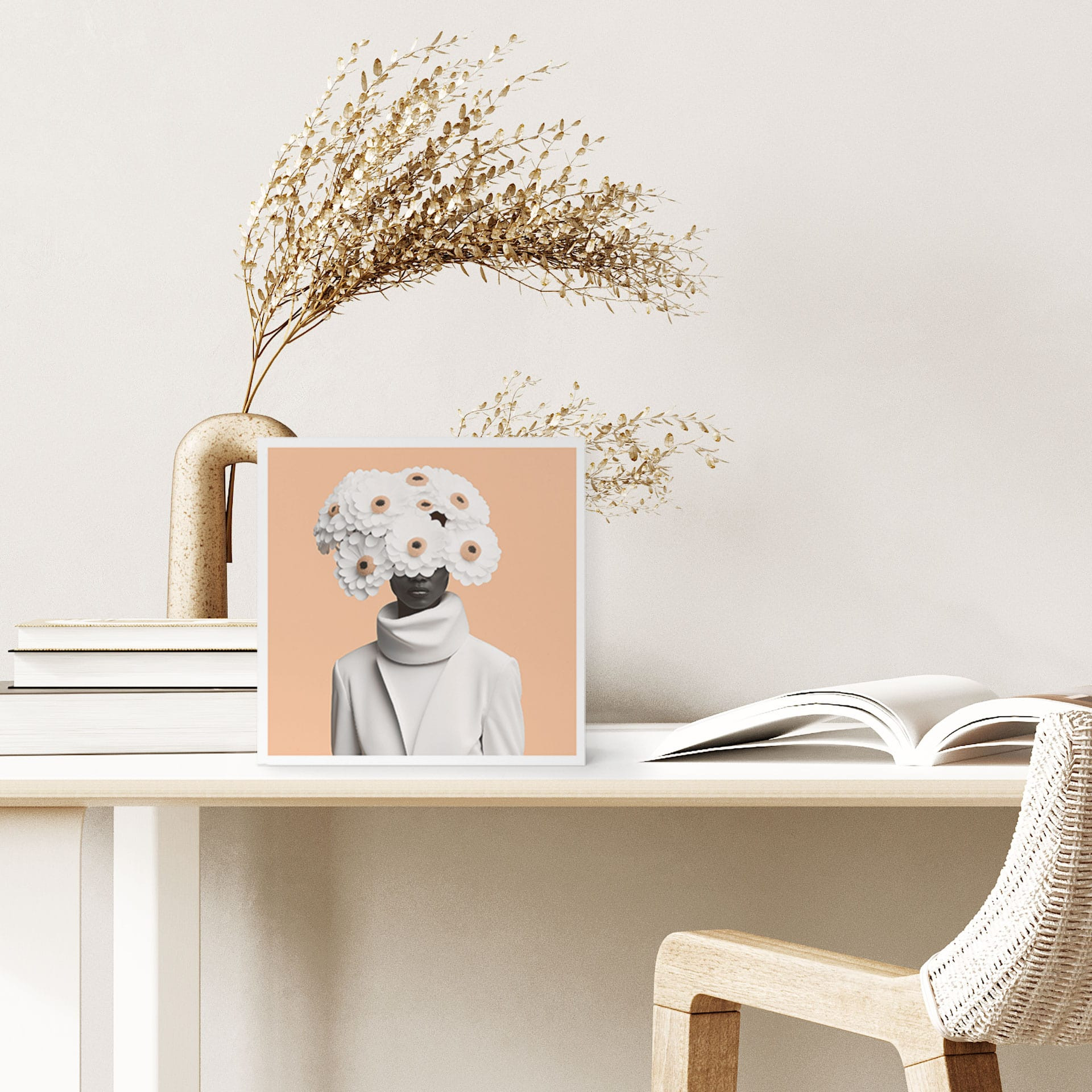 Træ dekoration blok Dame i hvidt med blomster - Treechild