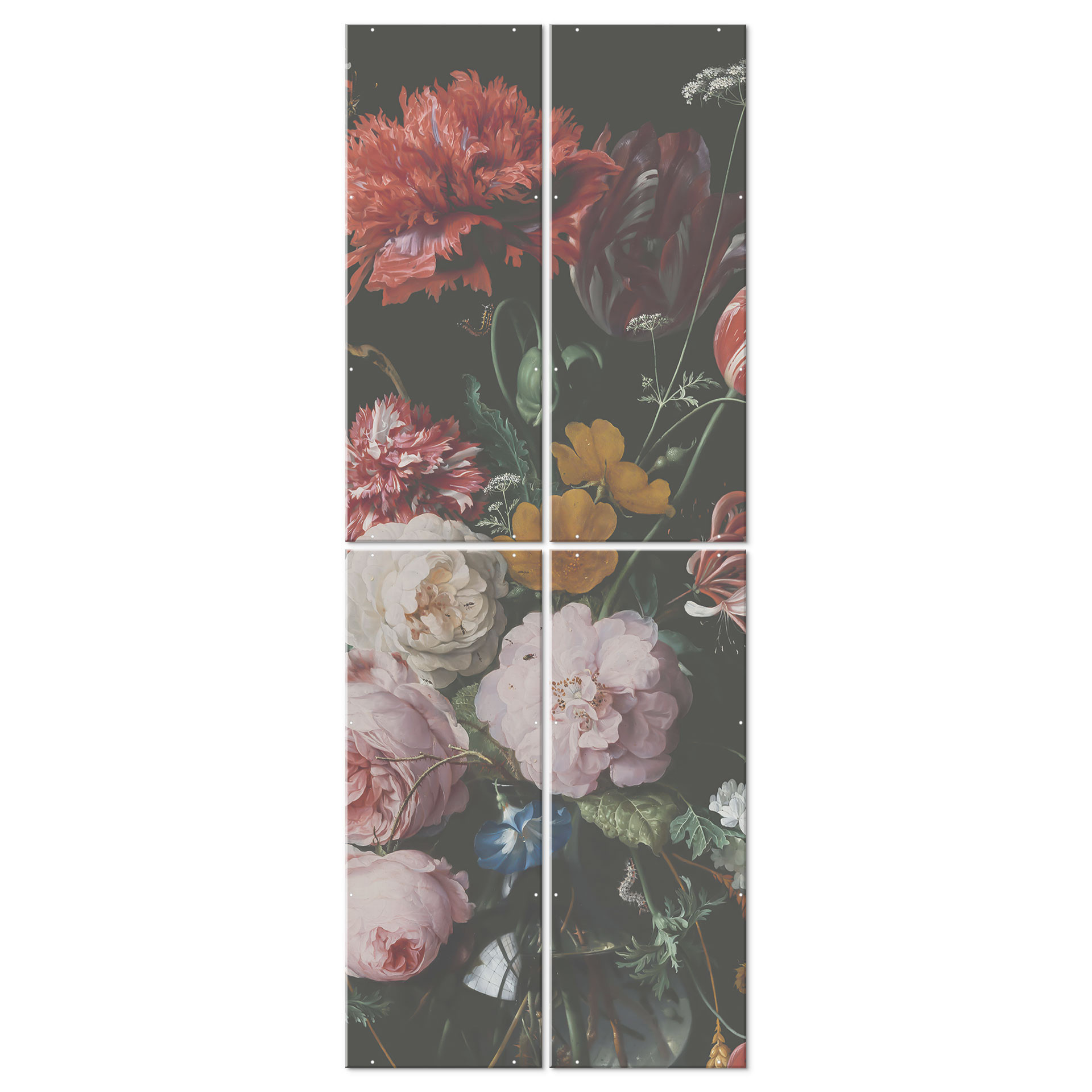 Separador de ambientes, biombo, pantalla de privacidad colgando bodegón con flores en un jarrón de c