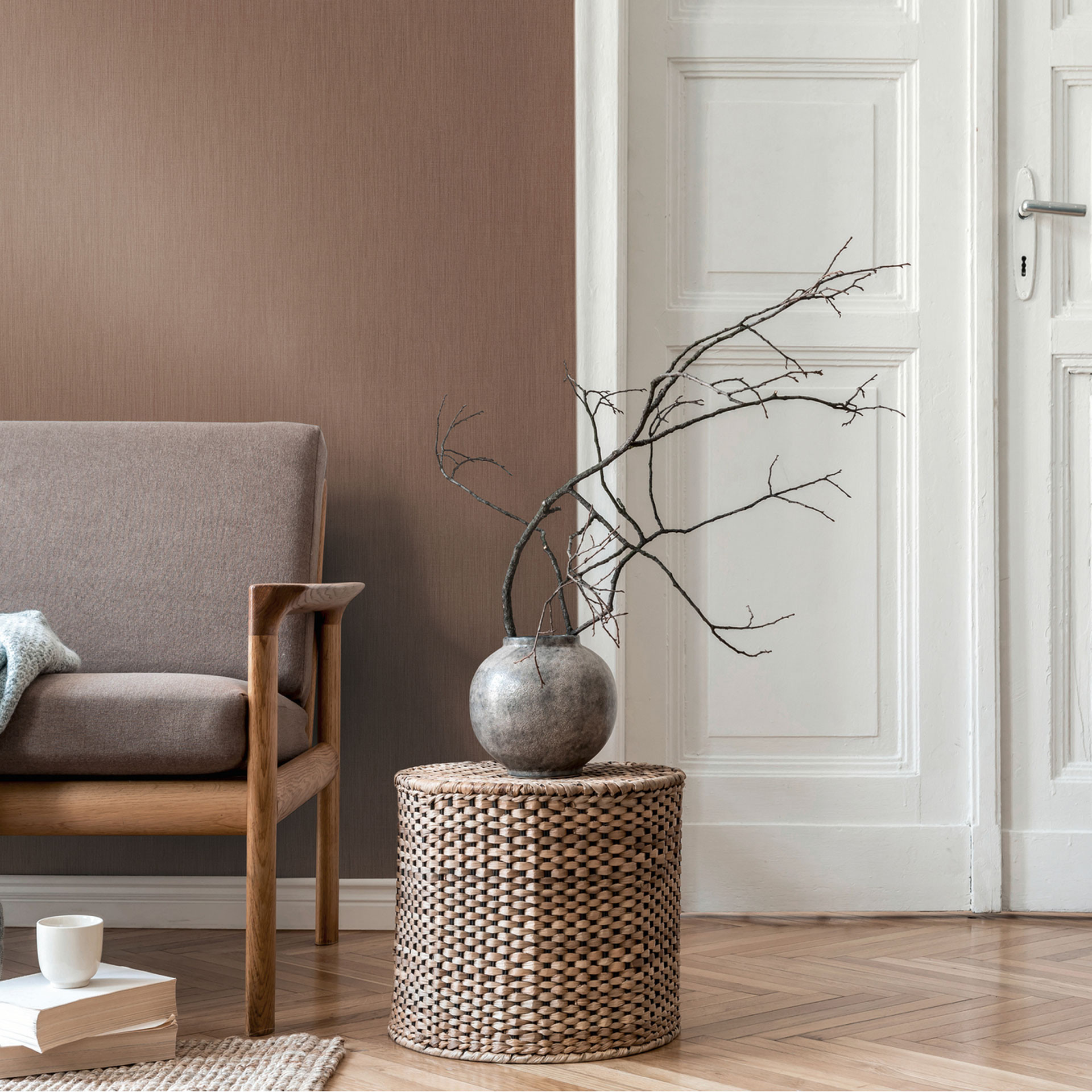 Linnen structuurbehang bruin beige - Vliesbehang structuur mat natuurlijke kleur
