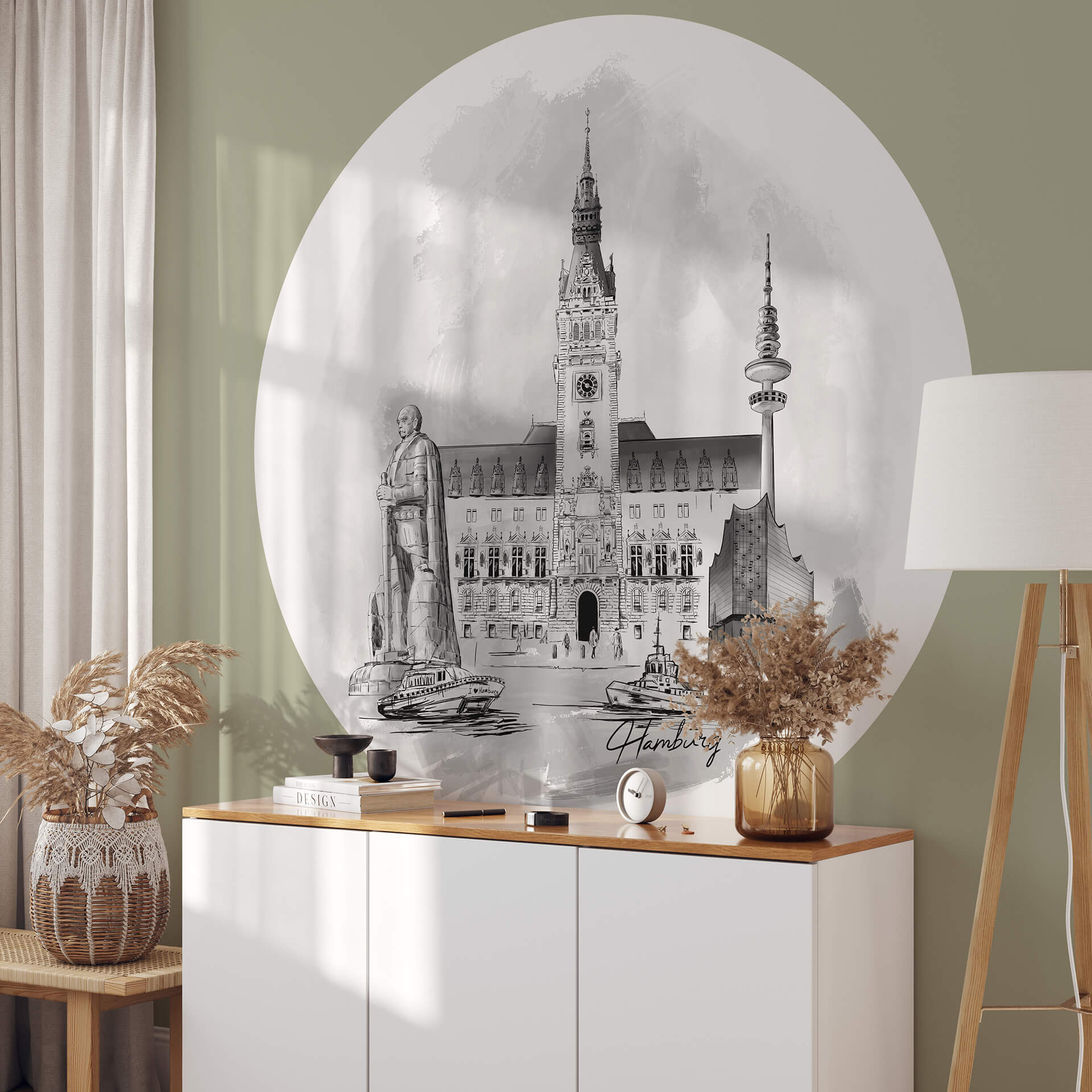 Behangcirkel Love your City Hamburg zwart wit illustratie - vliesbehang/zelfklevend vliesbehang