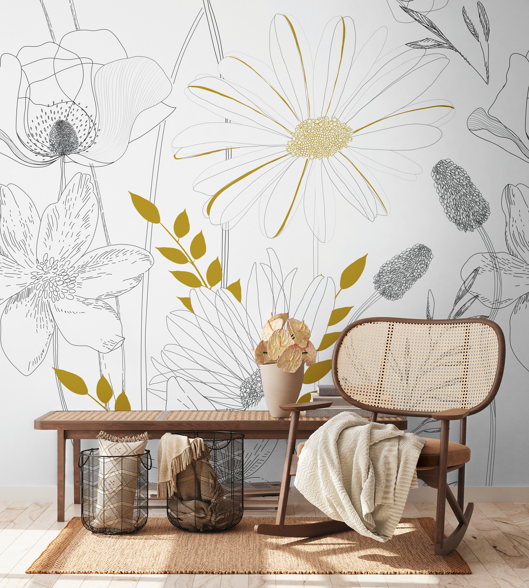 behang bloemen wit zwart - vliesbehang bloemen planten Livingwalls - mat en glad