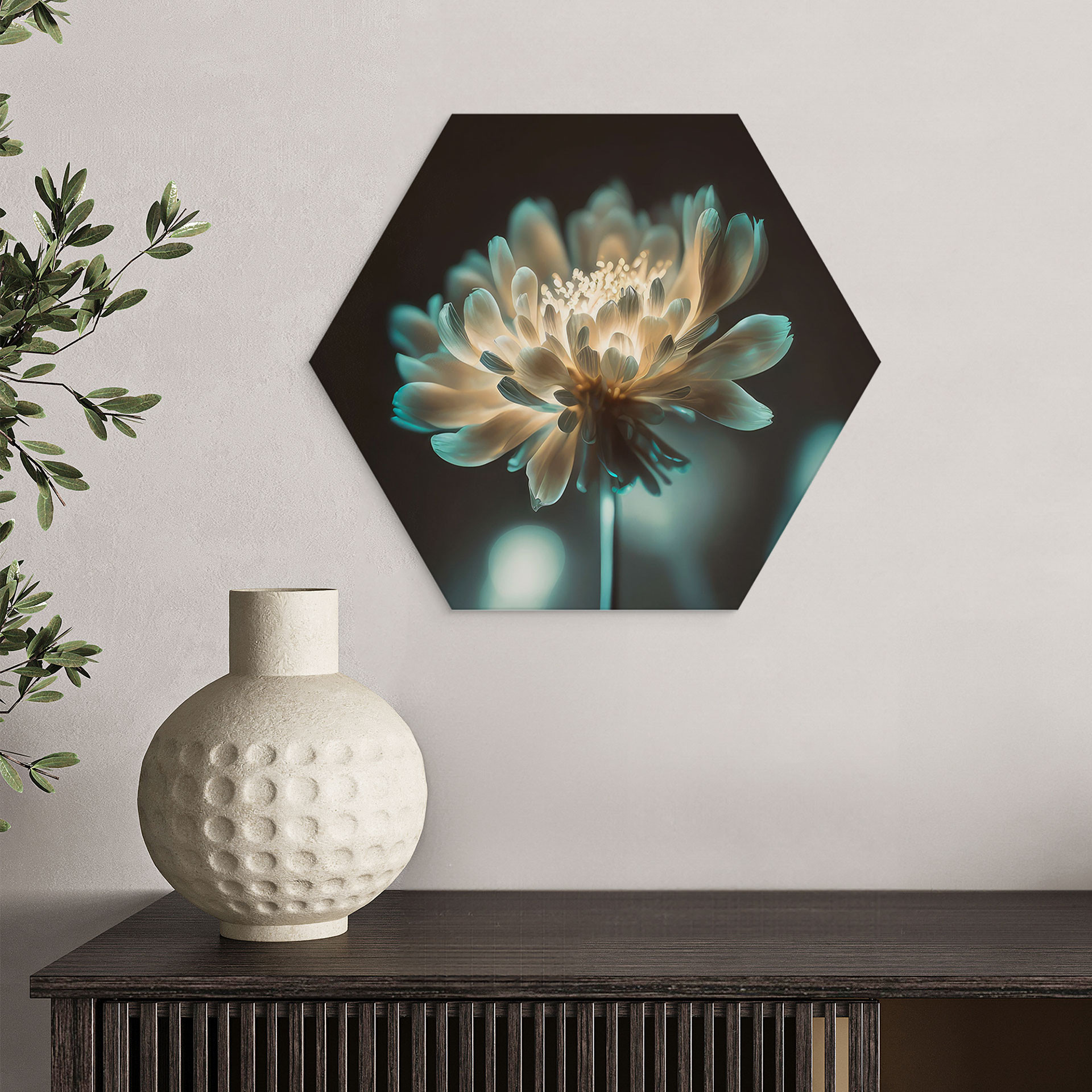 Sekskantet Billede Lysende blomsterhjerte - Treechild - Alu-Dibond