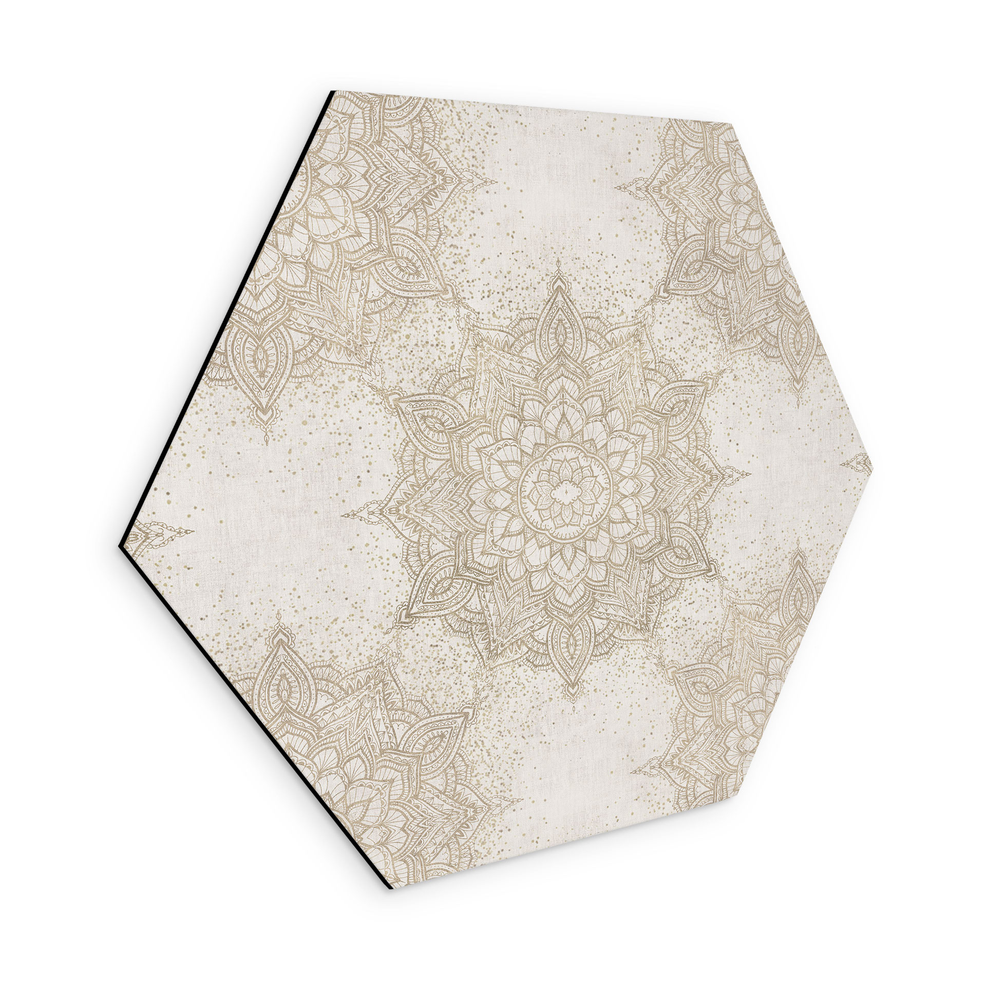 Sekskantet billede Elegant mandala i sandguld - Bloomery Decor - aluminium dibond
