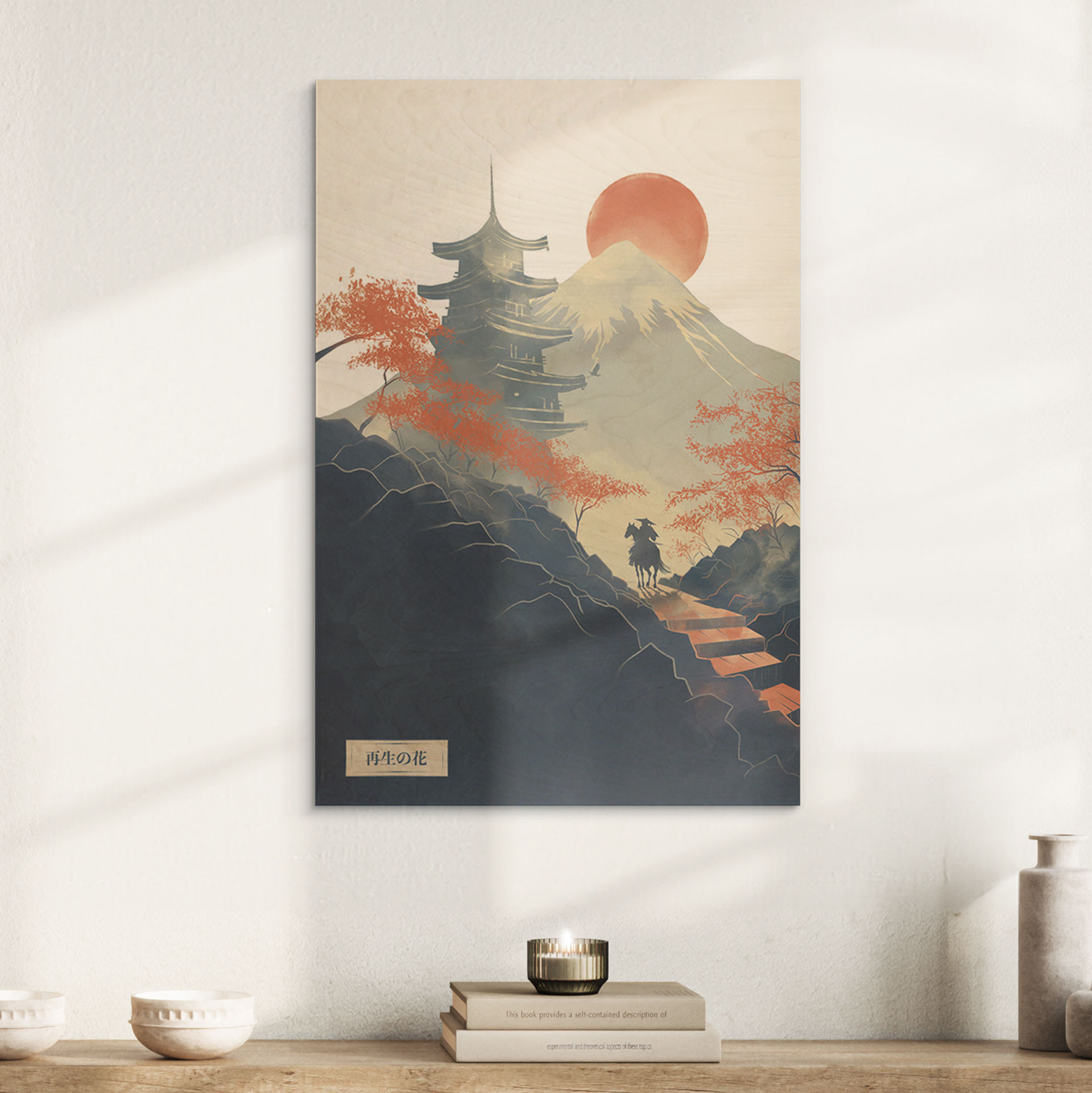 Plakat drewniany wschód słońca nad pagodą - Roze