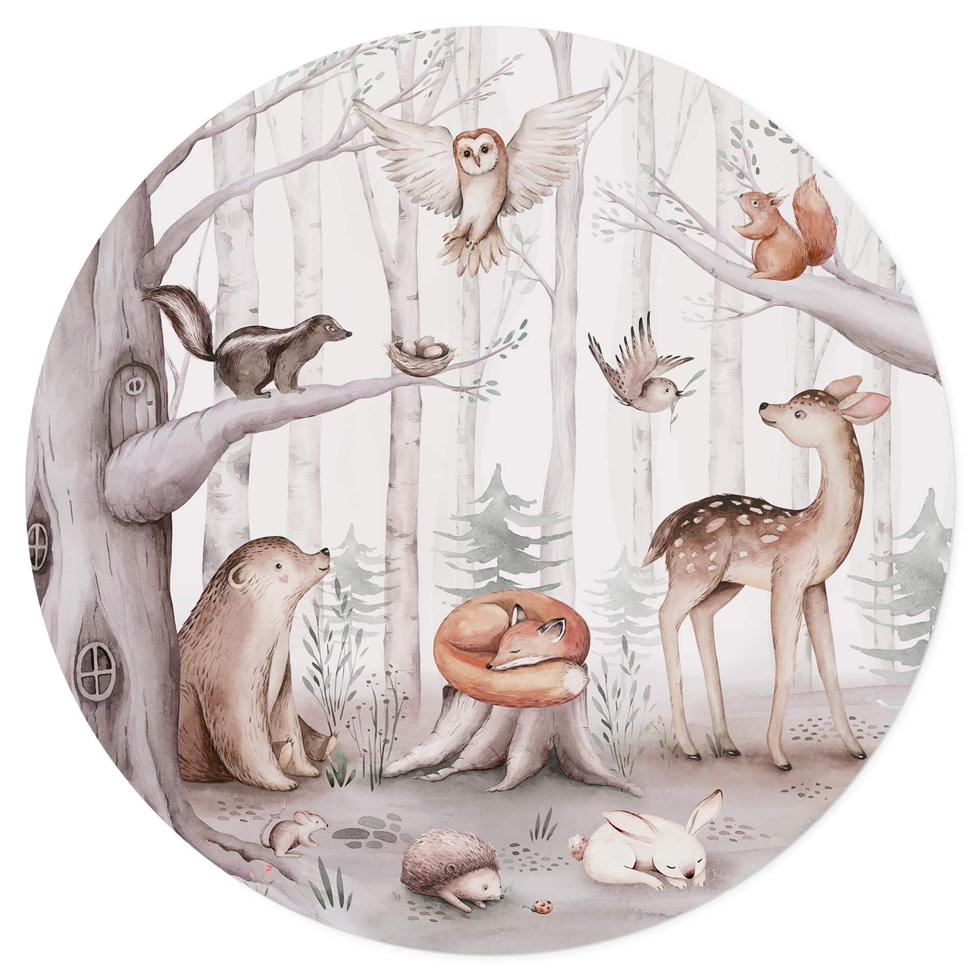 Wallsticker Barnrum Söta djur i skogen - Kvilis - Rund
