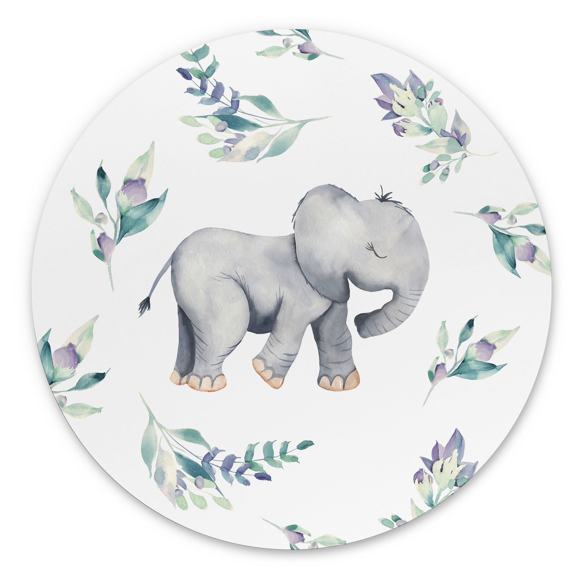 vægdekoration Sød babyelefant mellem boho-grene - UN Designs – print på aluminium