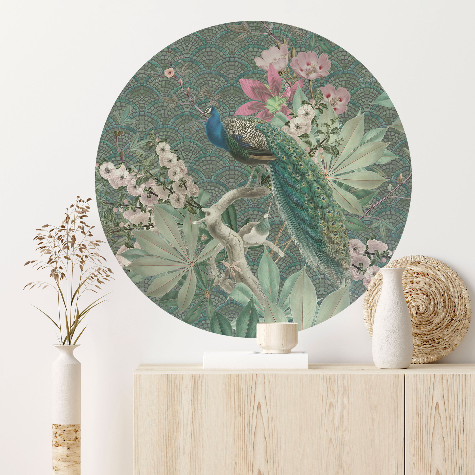 Naklejka na ścianę Paw w tropikalnym ogrodzie na mozaice - Bloomery Decor - Okrągła
