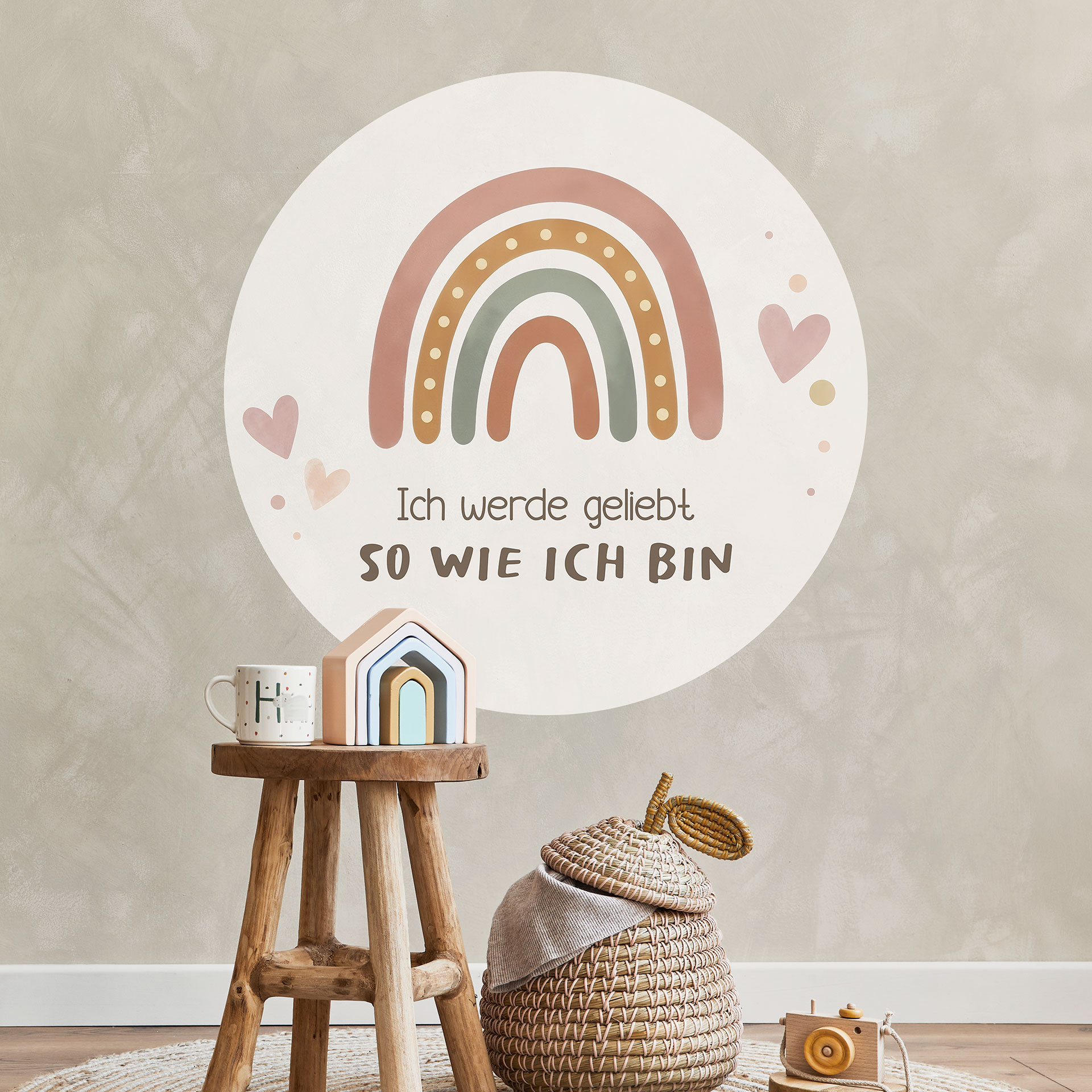 Rundes Wandtattoo mit Boho-Regenbogen - Kraftsatz 'Ich werde geliebt' fürs Kinderzimmer