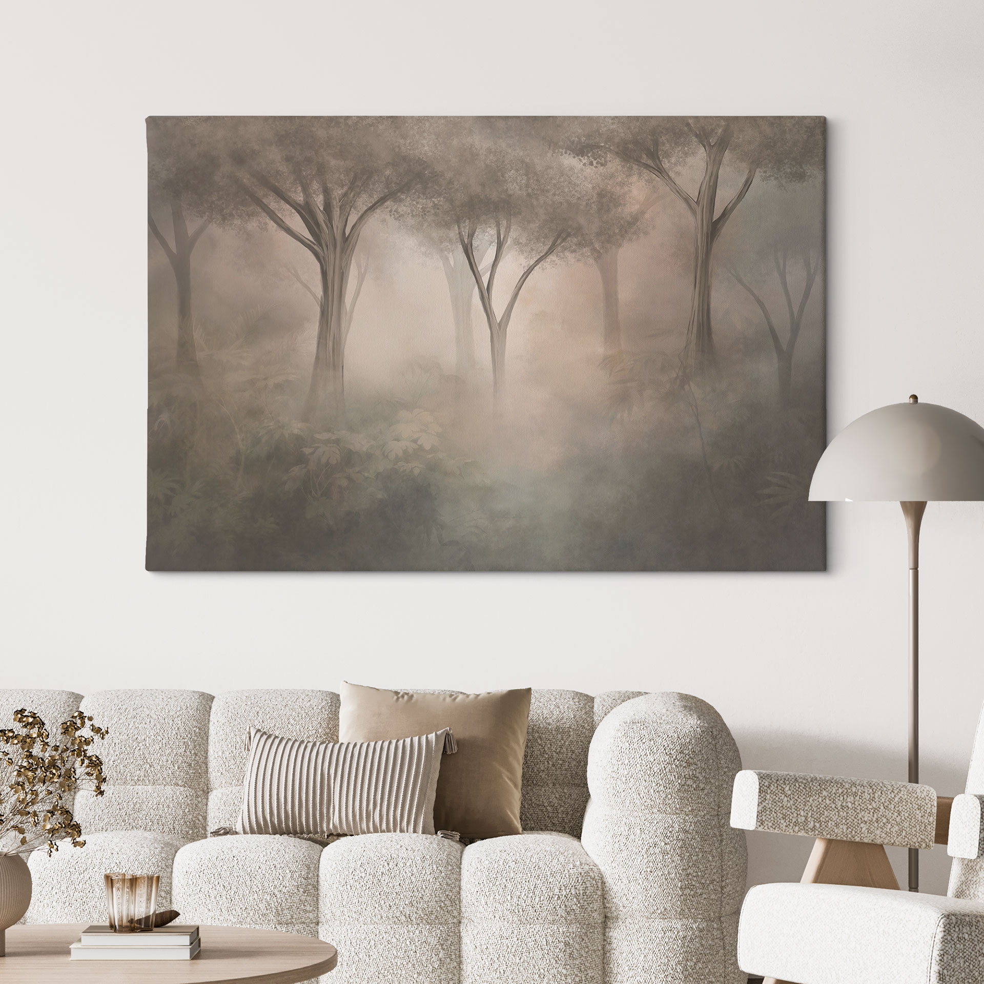 Canvas schilderij Bosmagie in de ochtendnevel Beige - Ms Tiff