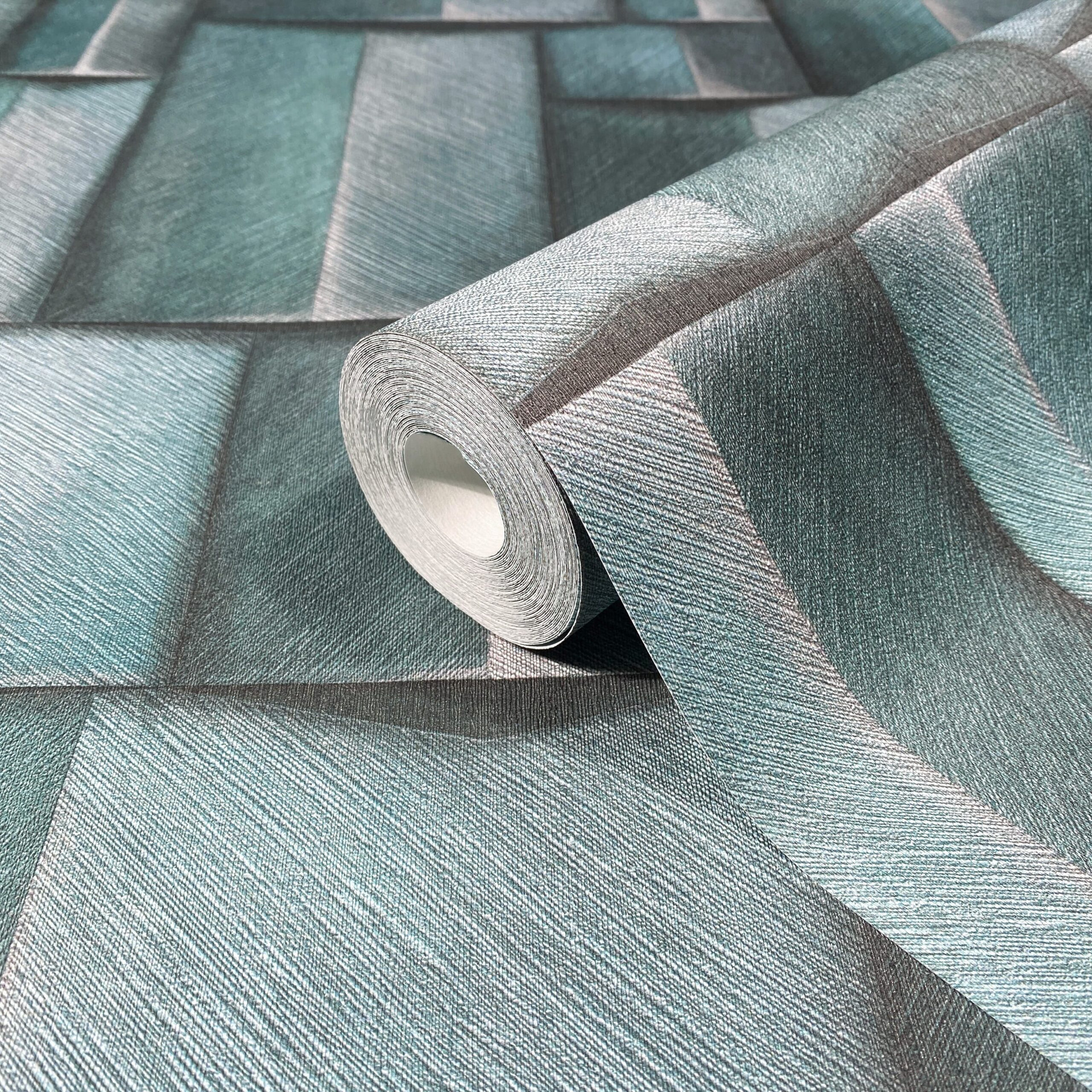 vliesbehang met houtmotief geometrisch blauw, turkoois 3D look
