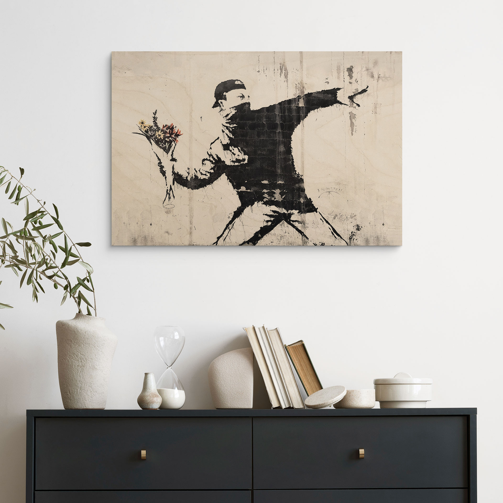 Drewniany obraz Banksy - Miotacz kwiatów